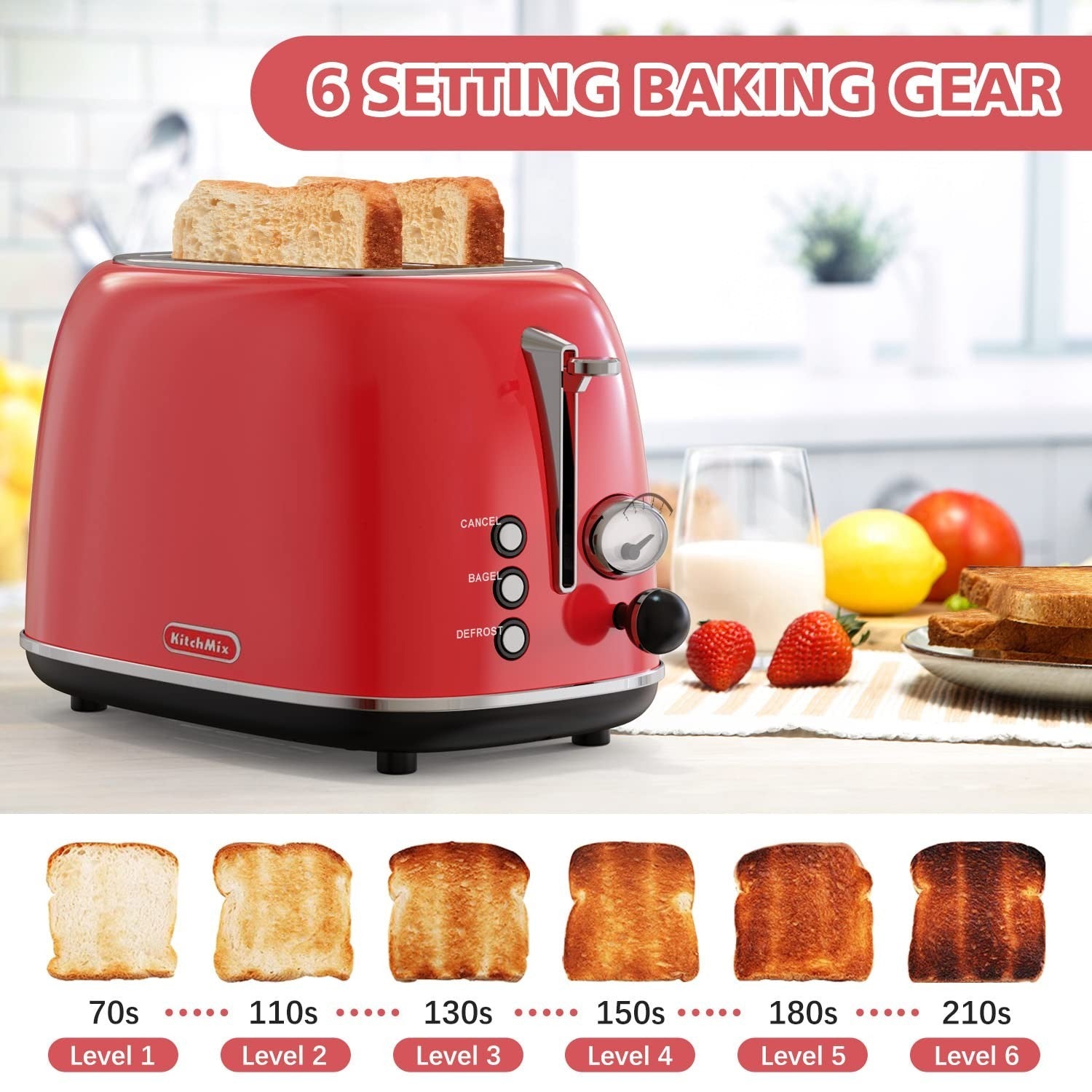Retro Stainless Steel 2 Slice Toaster, 6 Settings, Extra Wide Slots, Bagel/Defro4