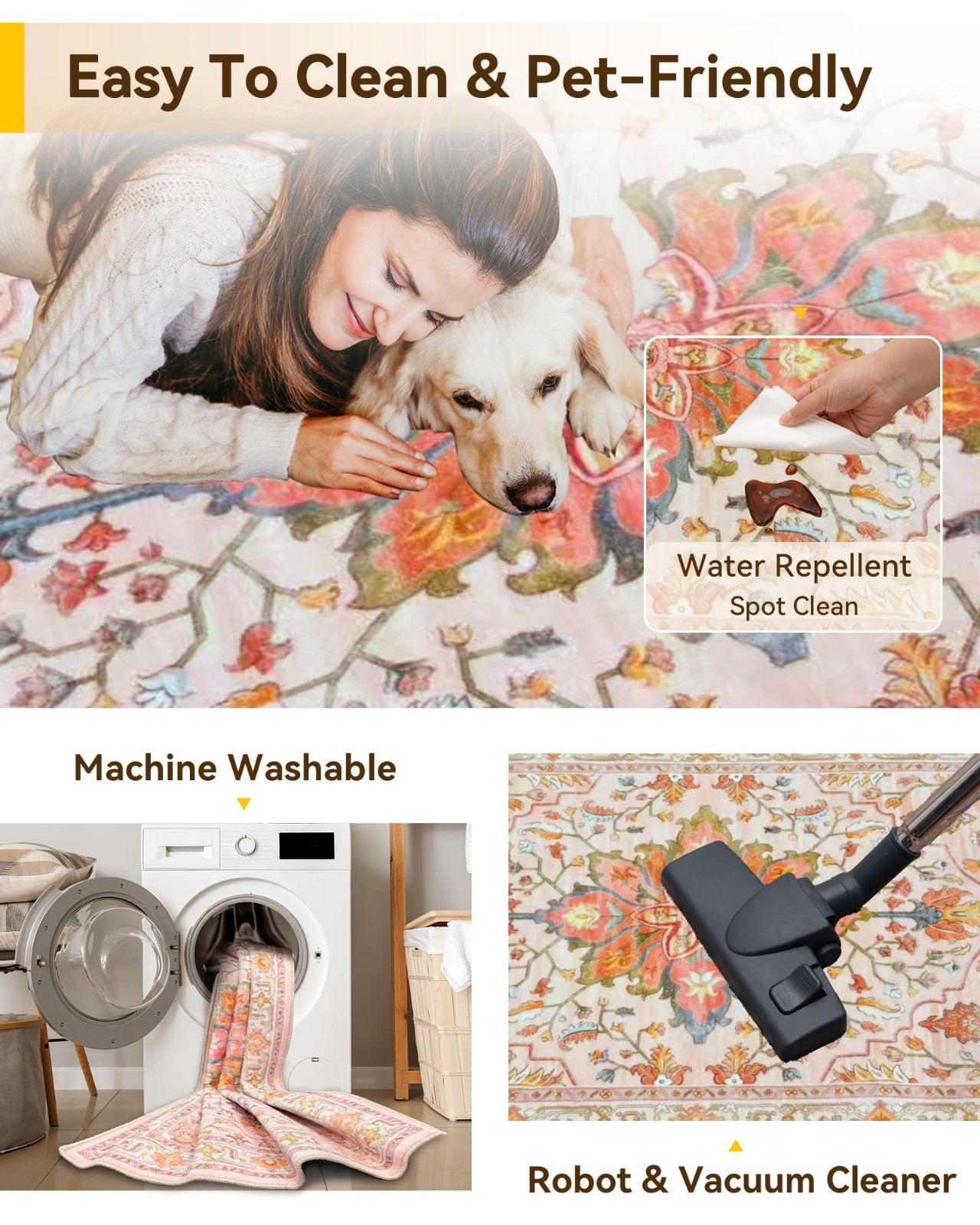 Washable 8'x10' Area Rug   Non Slip, Water Repellent, Pet Friendly, Vintage Flor4