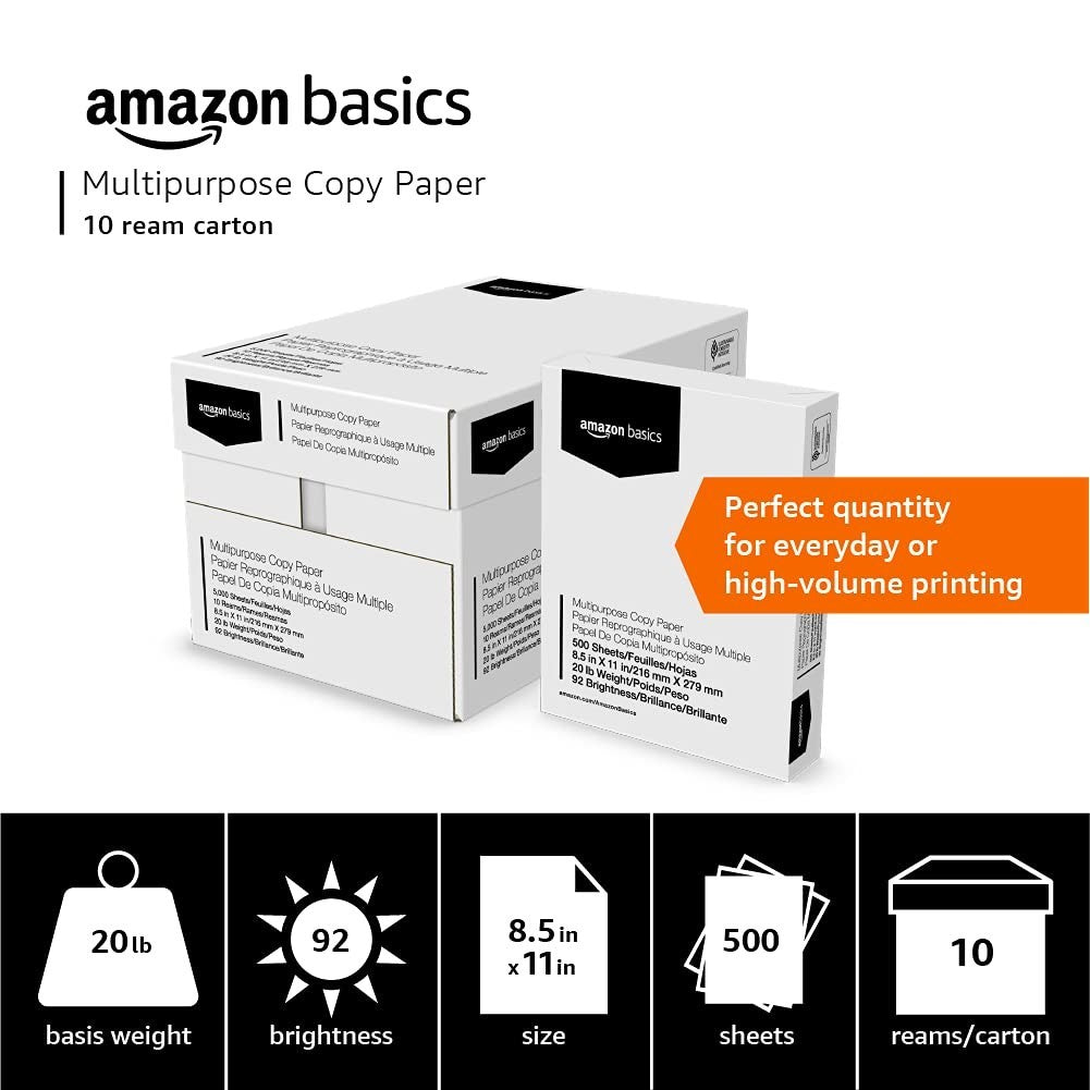Multipurpose Copy Printer Paper, 20 lb, 8.5x11", 10 Reams (5000 Sheets), Bright3