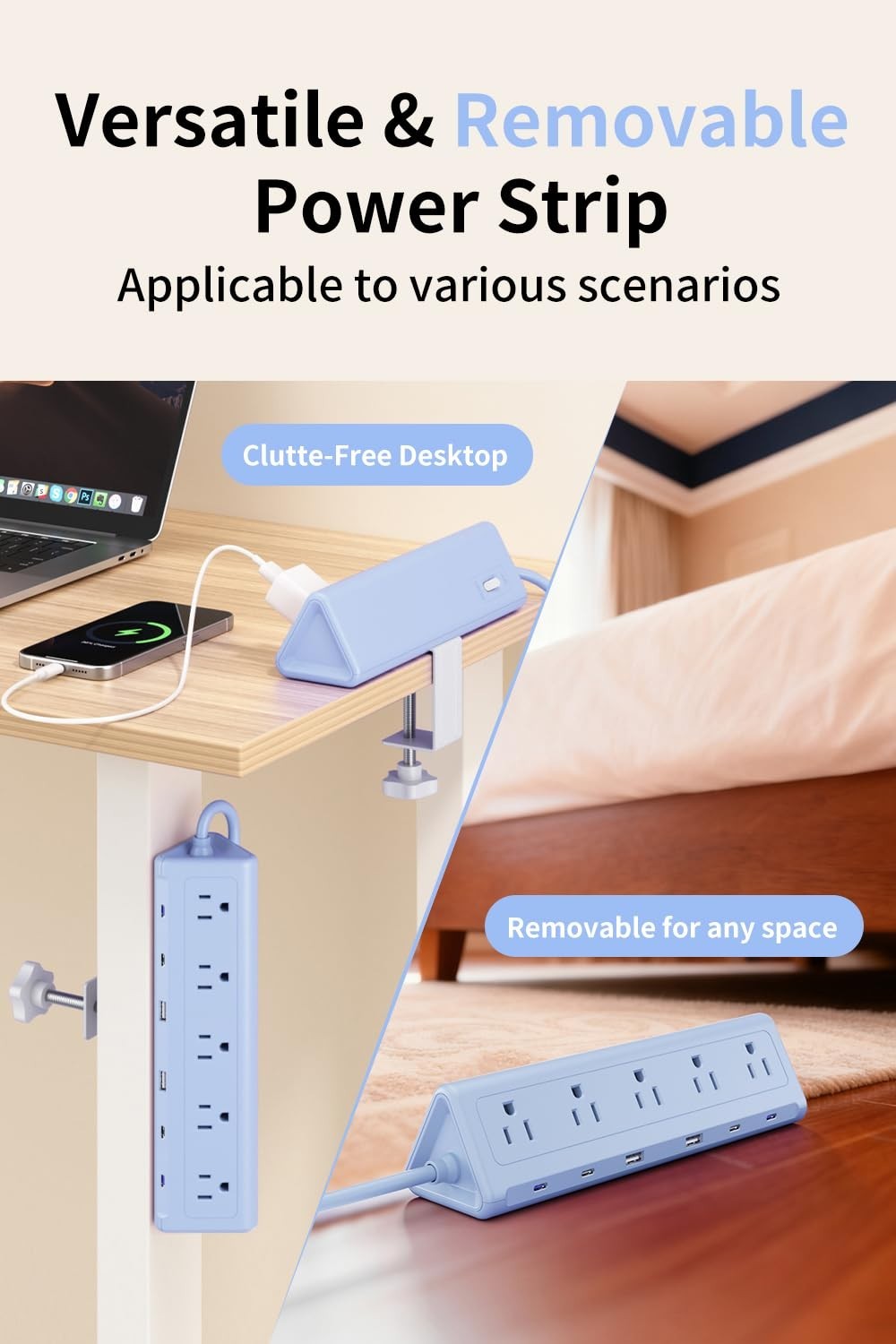 6.5FT Desk Clamp Power Strip   5 AC Outlets, 6 USB Ports, PD 40W Fast Charging4