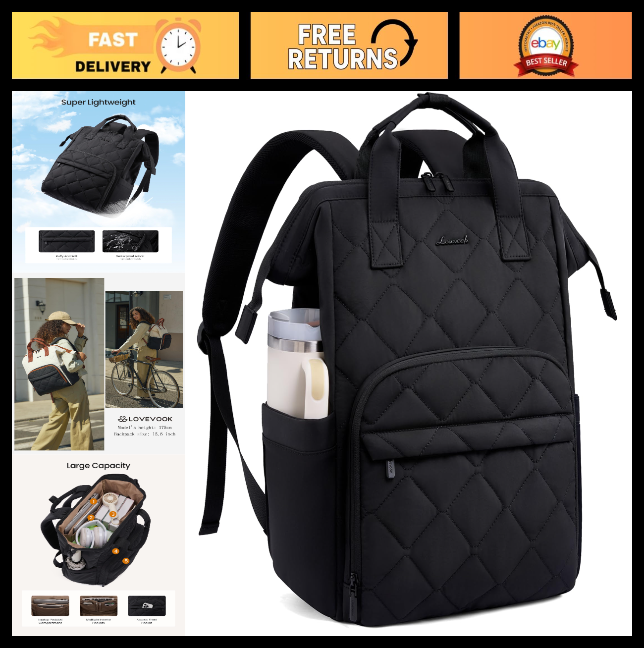 Stylish 15.6" Laptop Backpack for Women, Work Bag, Travel, Black, Durable & Spac0