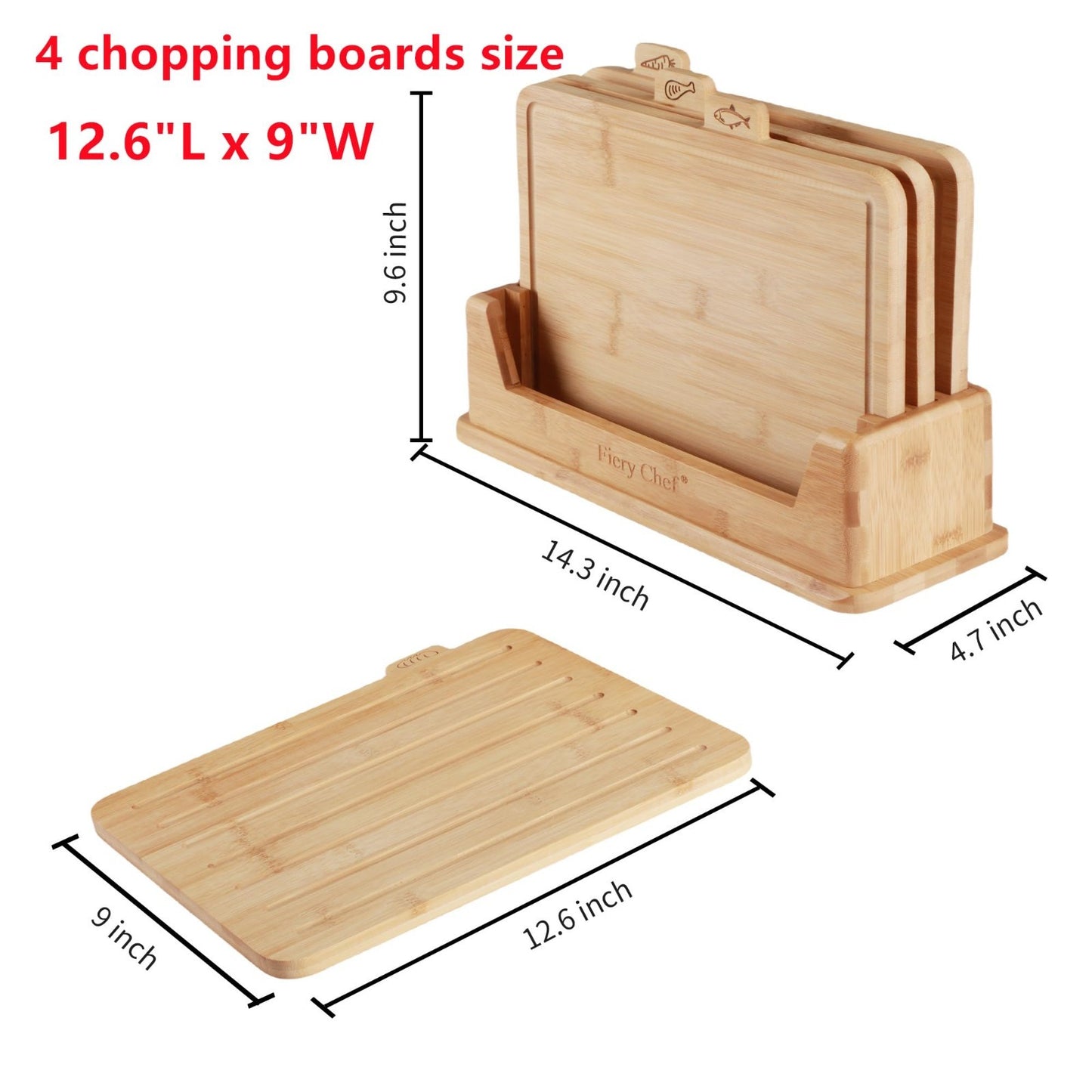 Set of 4 Bamboo Cutting Boards with Holder - Juice Groove, Food Icons, Ideal for2