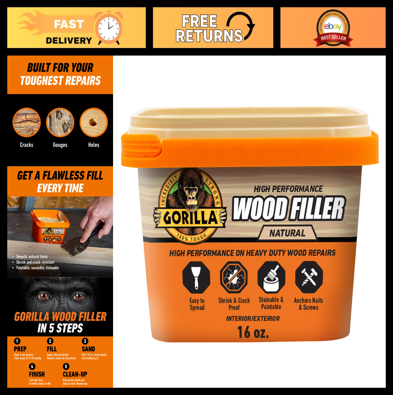 All Purpose Wood Filler 16 oz   Water Resistant, Paintable, Stainable, Sandable,0