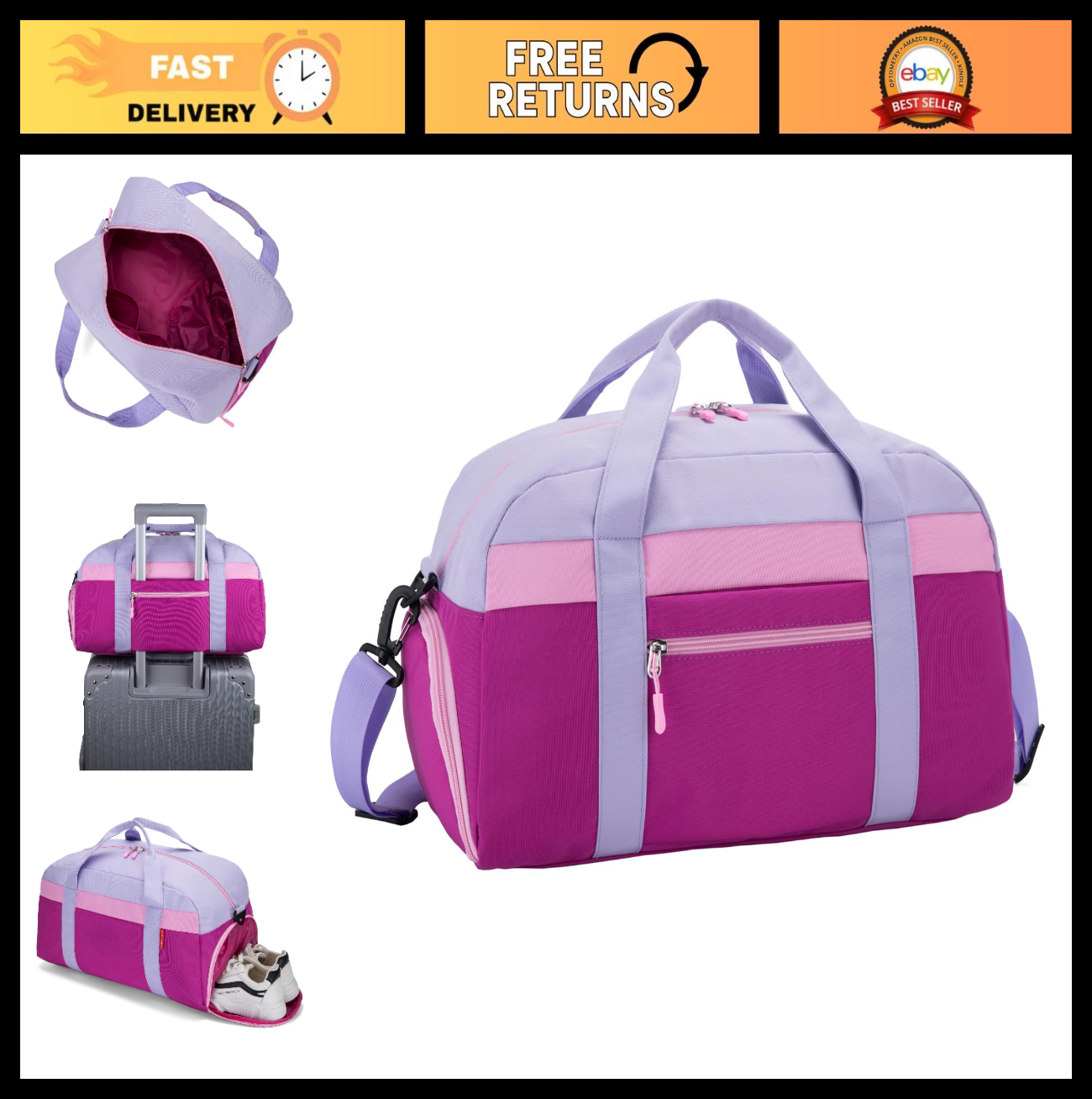 Kids 18" Purple Duffle Bag for Boys & Girls - Perfect for Weekend, Sports & Trav0
