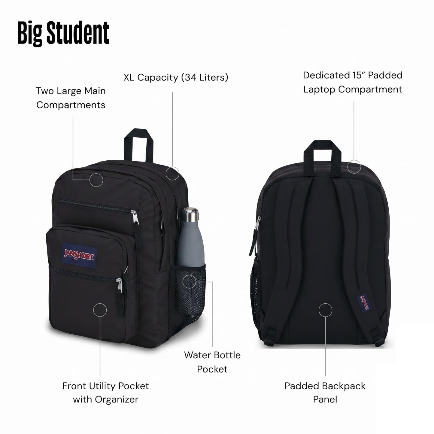 Ergonomic Laptop Backpack with 2 Compartments, 15” Sleeve, Haul Handle   Black3