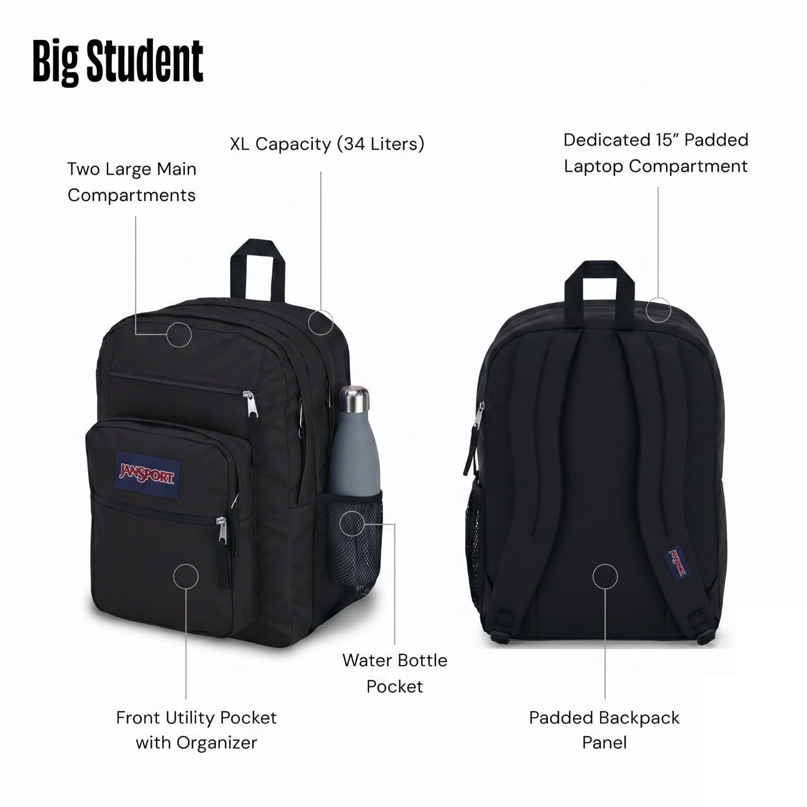 Ergonomic Laptop Backpack with 2 Compartments, 15” Sleeve, Haul Handle   Black3