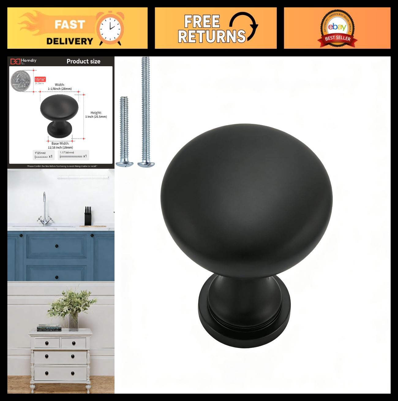 25 Pack Black Round Zinc Alloy Cabinet Knobs | Rust Resistant, Smooth, Easy Inst0