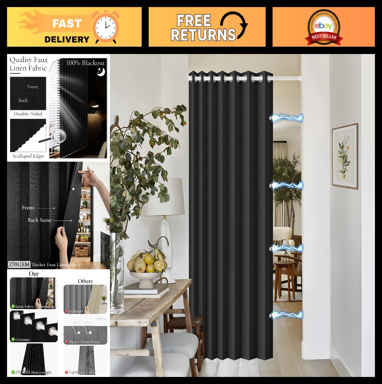 100% Blackout Magnetic Door Panel Curtain, Soundproof Closet Curtain, 52"x72", B0