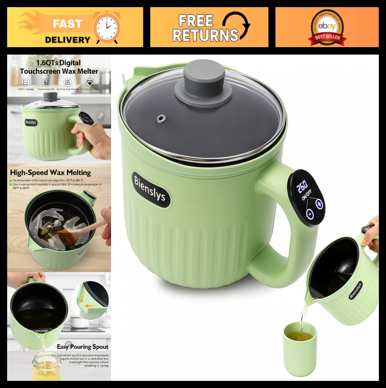 Electric Wax Melter Pot 1.6QT - Digital Touchscreen, Non-Stick, Precise Temp Con0