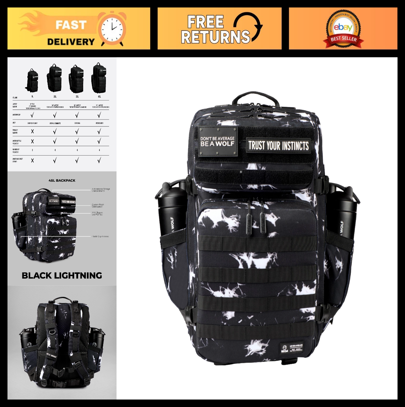 Durable 45L Waterproof Gym Backpack   1000D Oxford, MOLLE Webbing, Laptop Pocket0