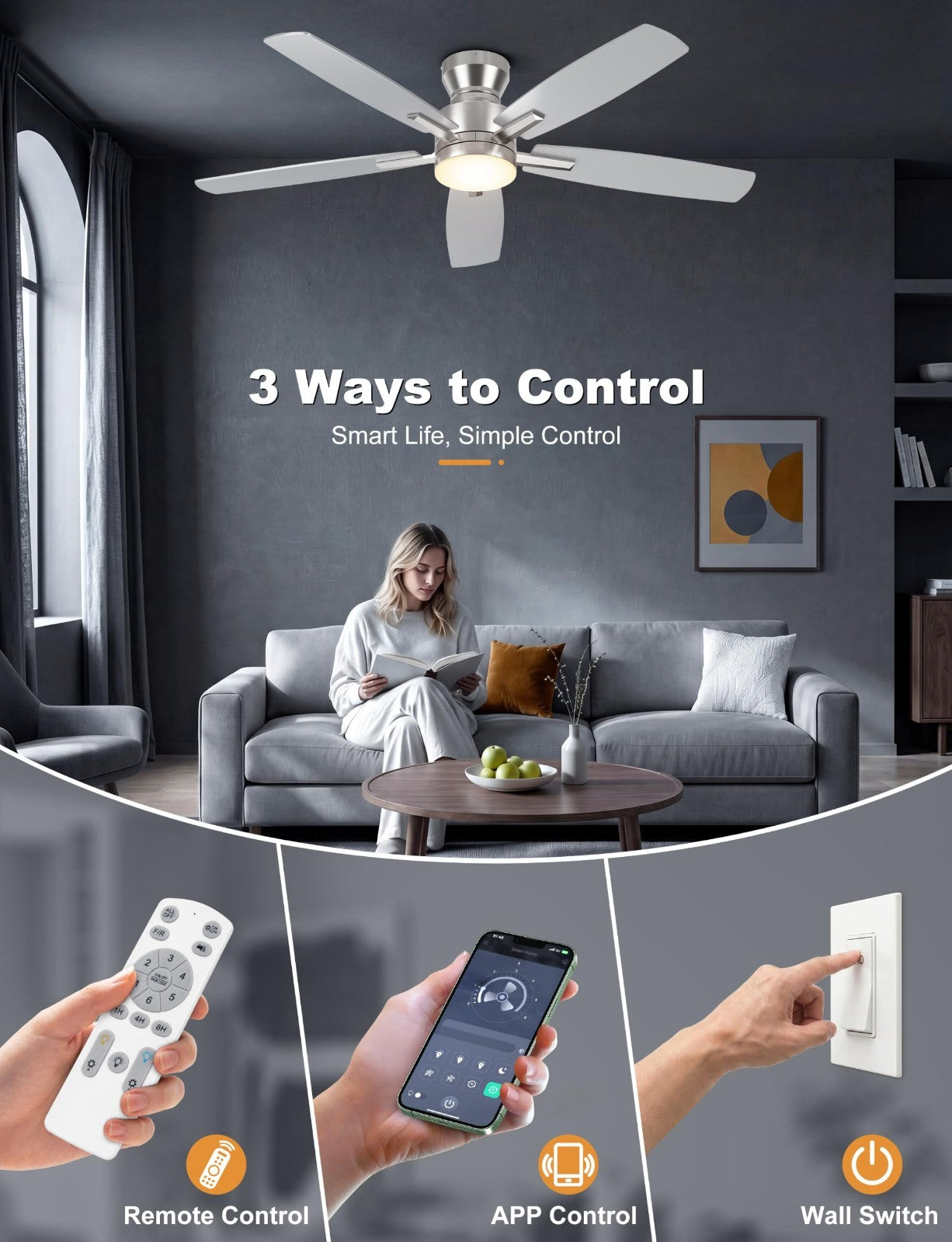 52" Silver Low Profile Ceiling Fan with Lights, Remote/APP Control, Dimmable LED7