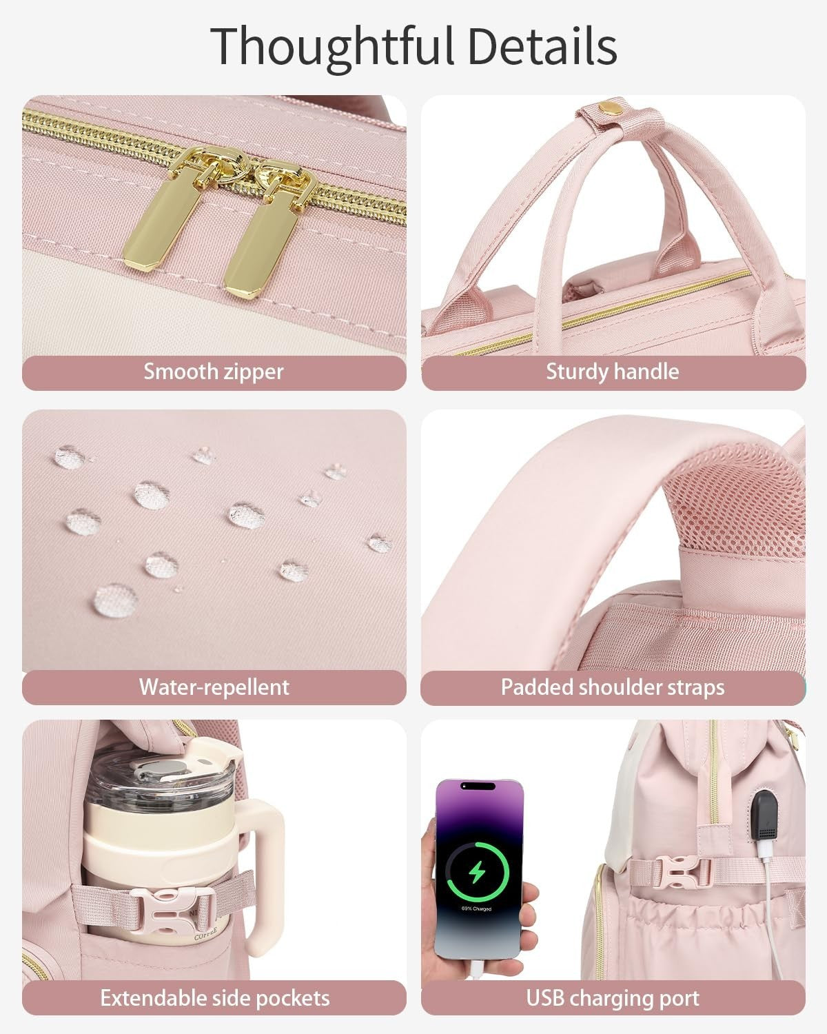 Large Laptop Backpack for Women, Teacher Nurse Work Bag with Cup Holder & USB Ch3