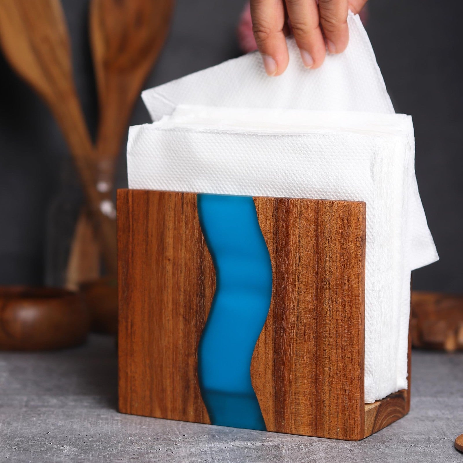 Rustic Acacia Wood Napkin Holder with Epoxy Resin - Farmhouse Table Organizer, 64