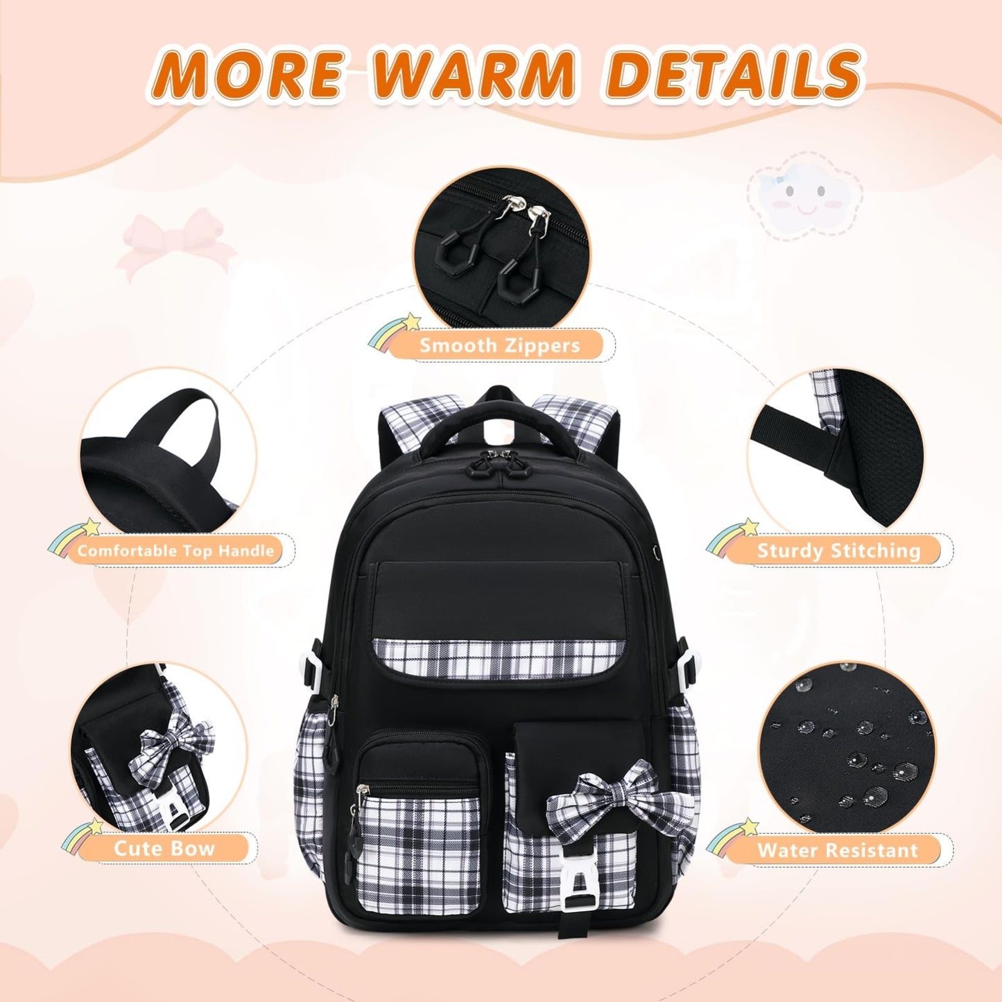Stylish 3PCS School Backpack Set for Girls   17" Bow Plaid Bookbag, Durable & Tr3
