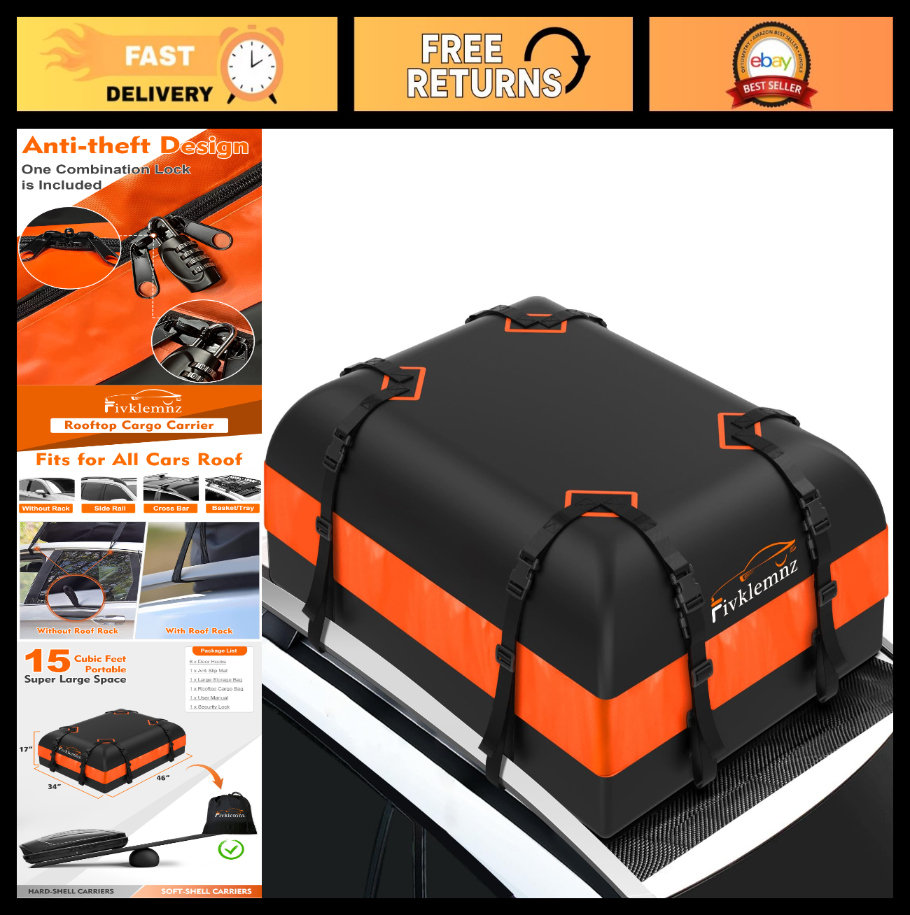 Waterproof Rooftop Cargo Carrier Bag for All Vehicles, Anti-Slip Mat & Straps, 60