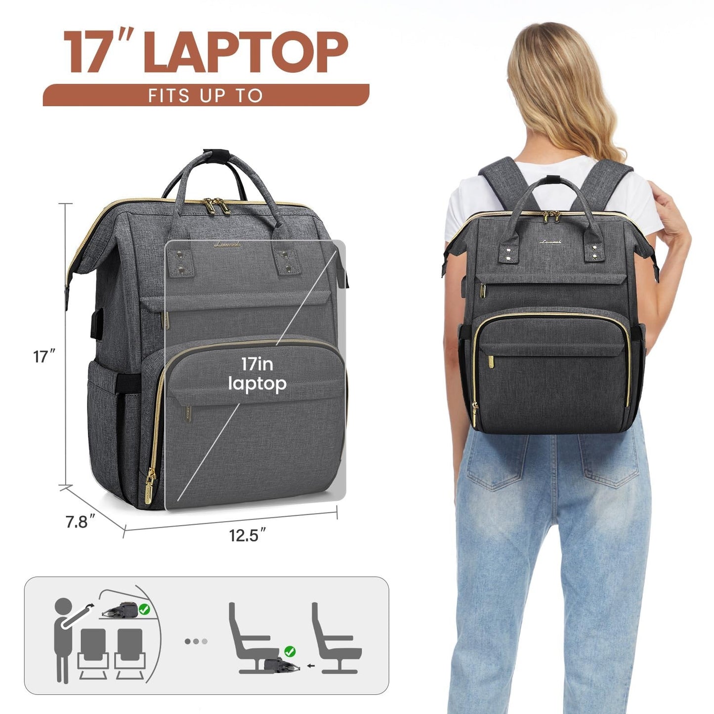 Stylish 17" Laptop Backpack for Women   Waterproof Travel Bag with USB Port, Ide4