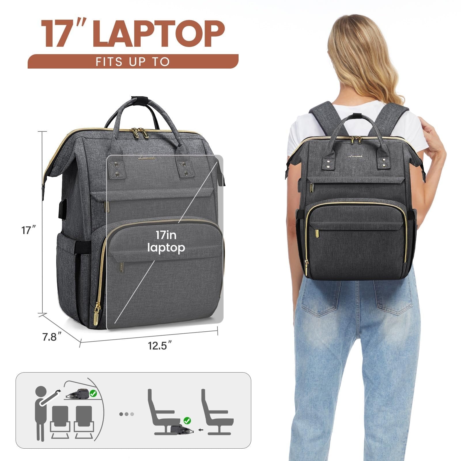 Stylish 17" Laptop Backpack for Women   Waterproof Travel Bag with USB Port, Ide4