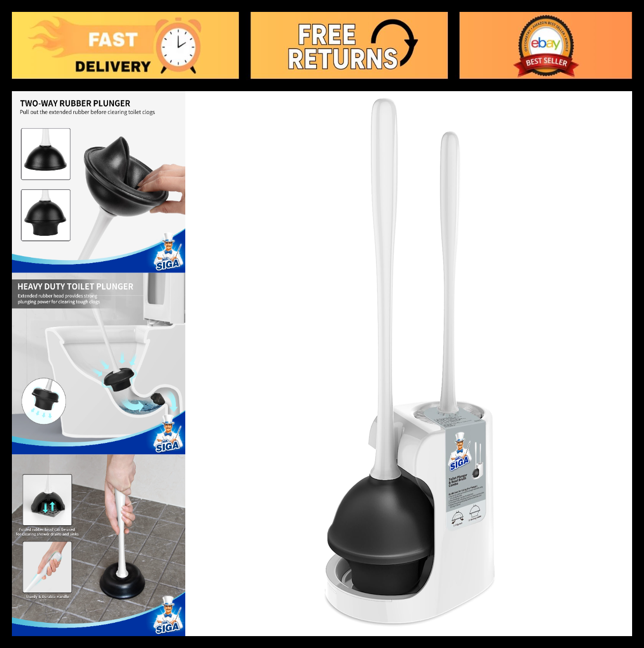 Toilet Plunger & Bowl Brush Combo Set | Heavy Duty Bathroom Cleaning Tools, Whit0