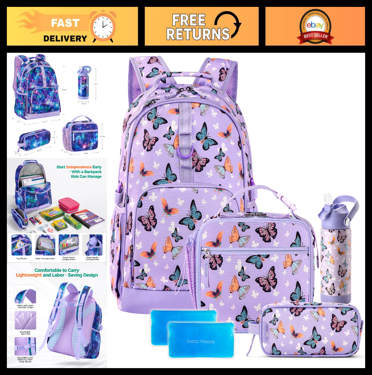 Girls Butterfly Backpack Set with Lunch Box & Water Bottle   17" Bookbag for Age0