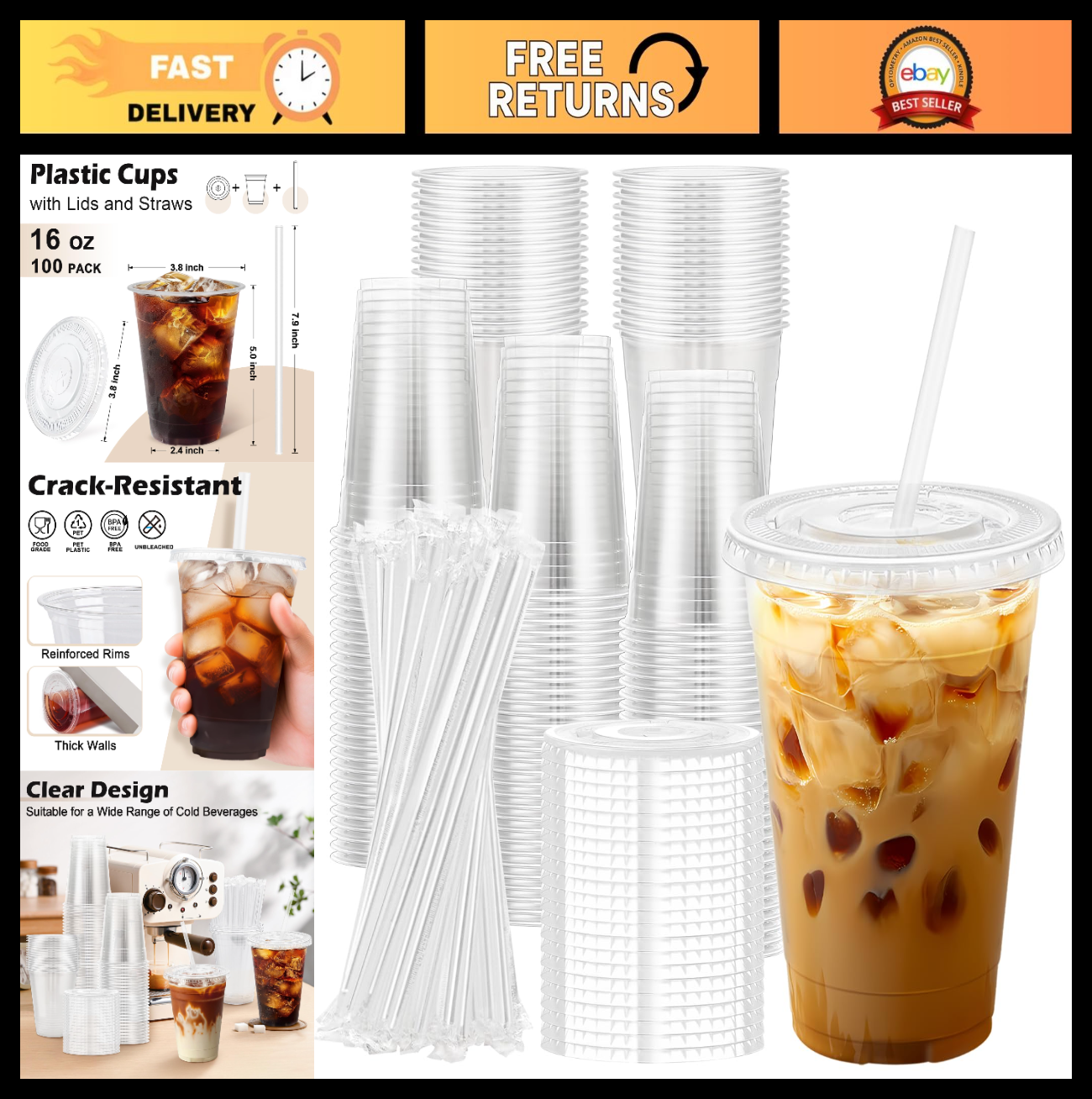 100 Pack 16 oz Clear Plastic Cups with Lids & Straws | Disposable Cold Drink Cup0