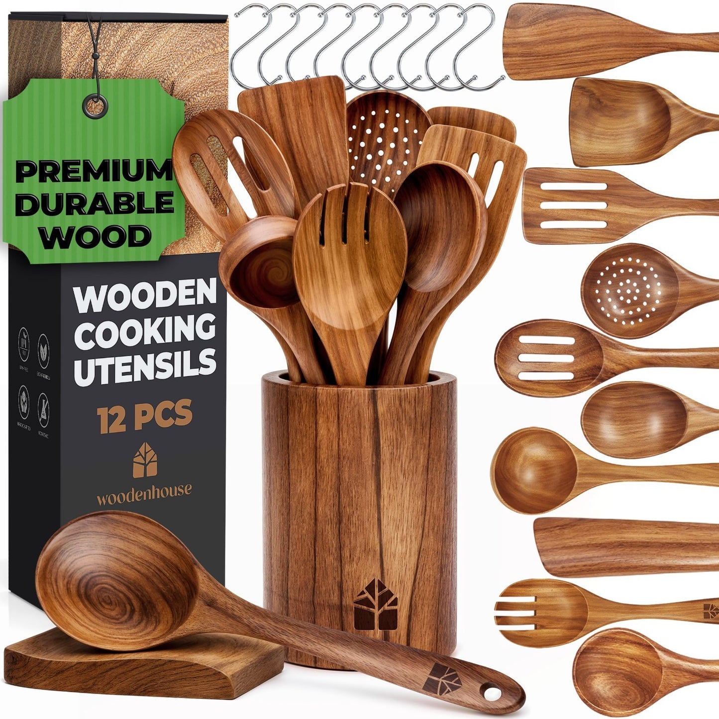 12 Pcs Wooden Cooking Spoons Set with Holder & Hooks | Heat Resistant, Nonstick0