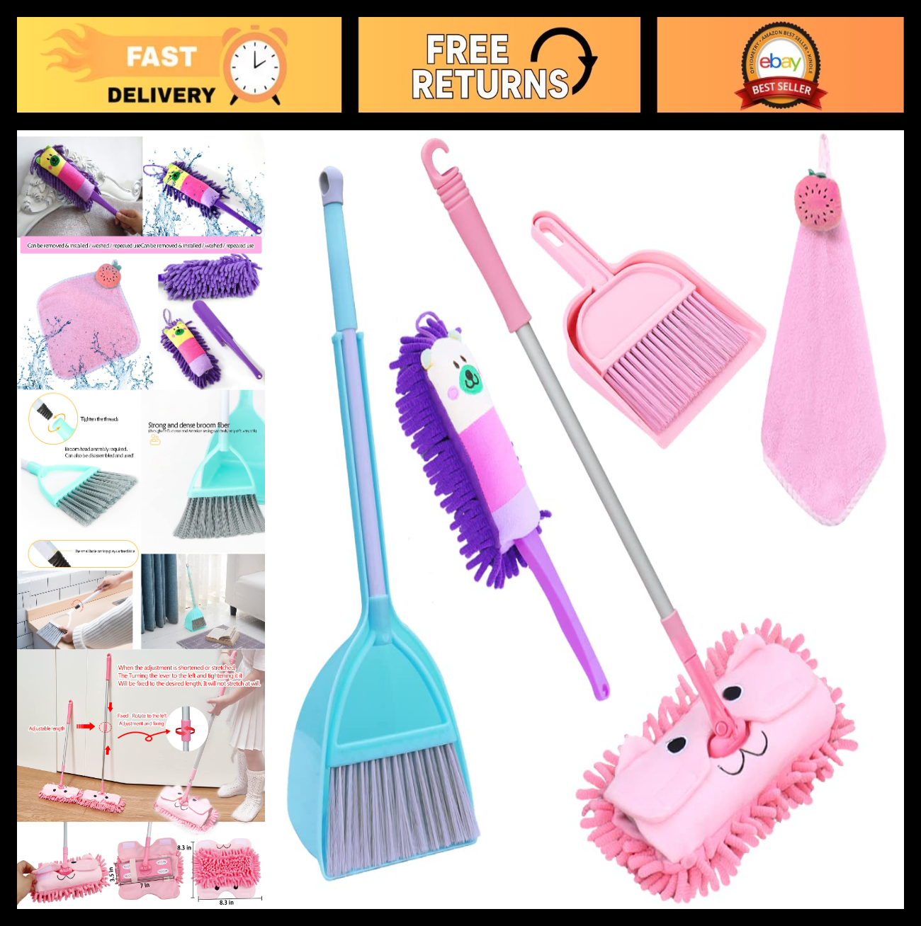 7 Pack Kids Cleaning Set - Housekeeping Tools, Mop, Broom, Apron, Duster, Role P0