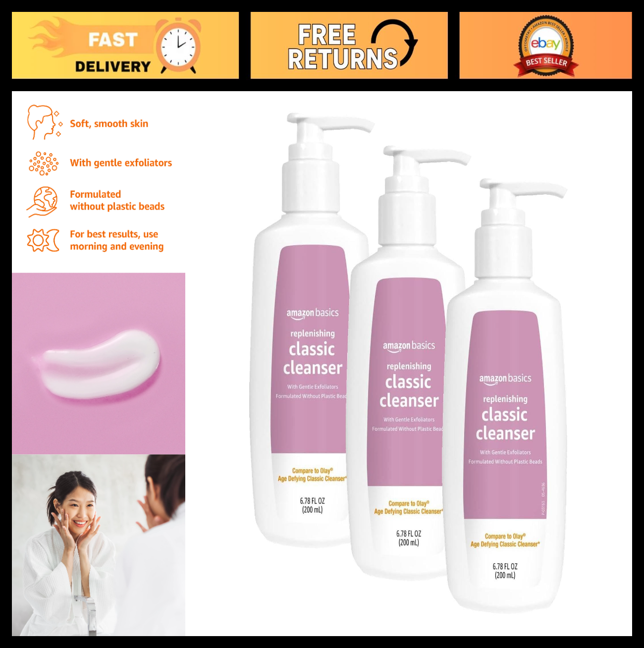 Gentle Exfoliating Face Wash - Daily Replenishing Cleanser, Refreshing, 3 Pack 60