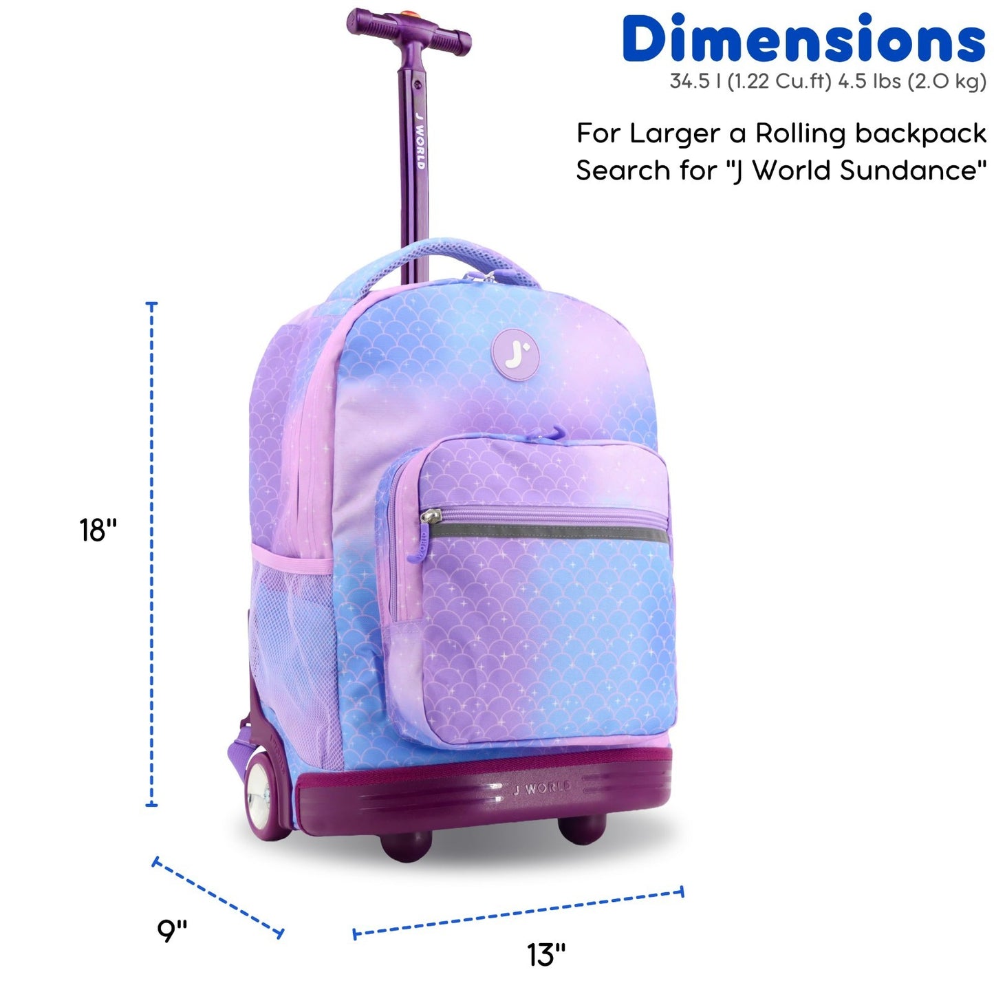 Kids Rolling Backpack with Wheels, 18" Purple Mermaid Bookbag for School, Girls6