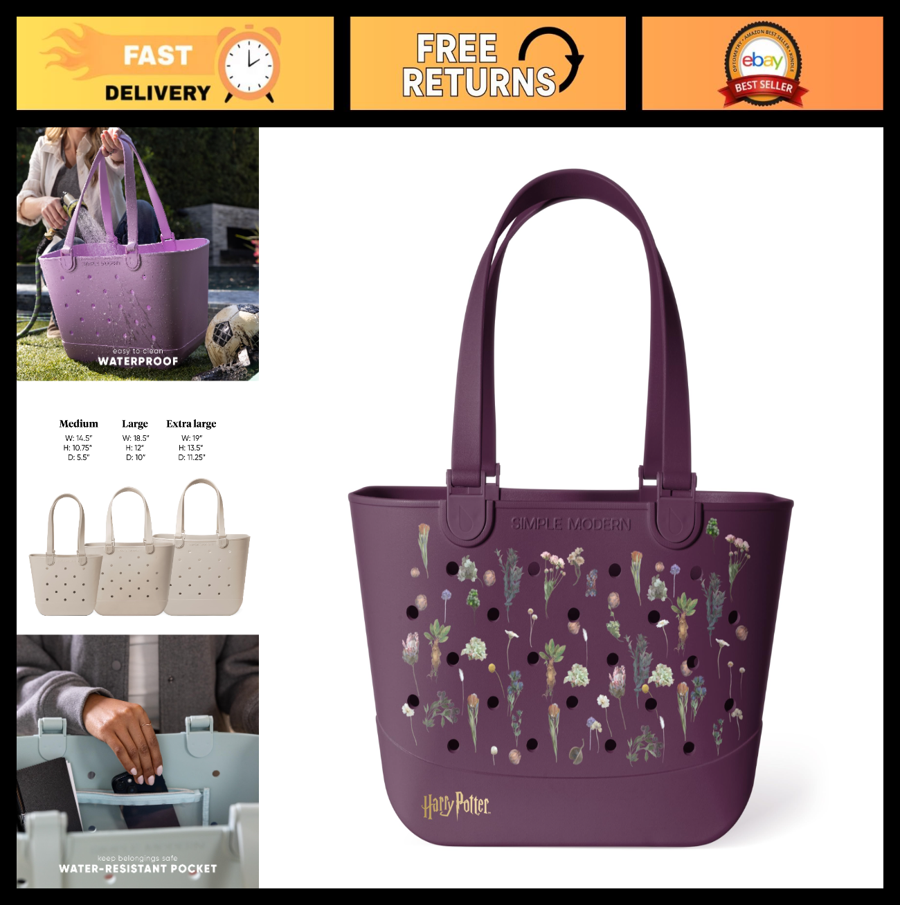 Large Waterproof Rubber Beach Tote Bag | Zipper Pocket | Travel, Pool & Grocery0