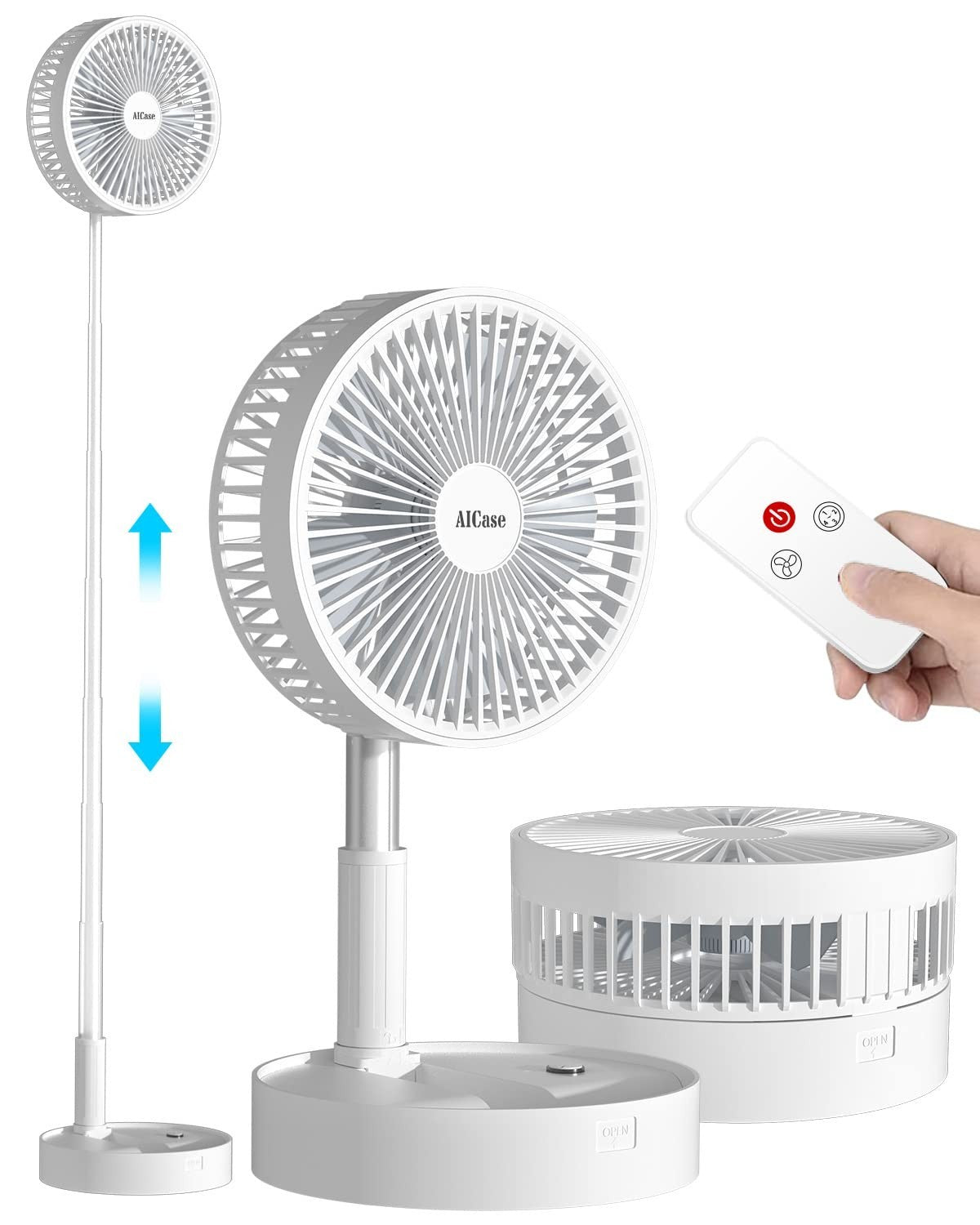 Portable Folding Stand Fan, USB Rechargeable 7200mAh, 4 Speed Adjustable Height,1