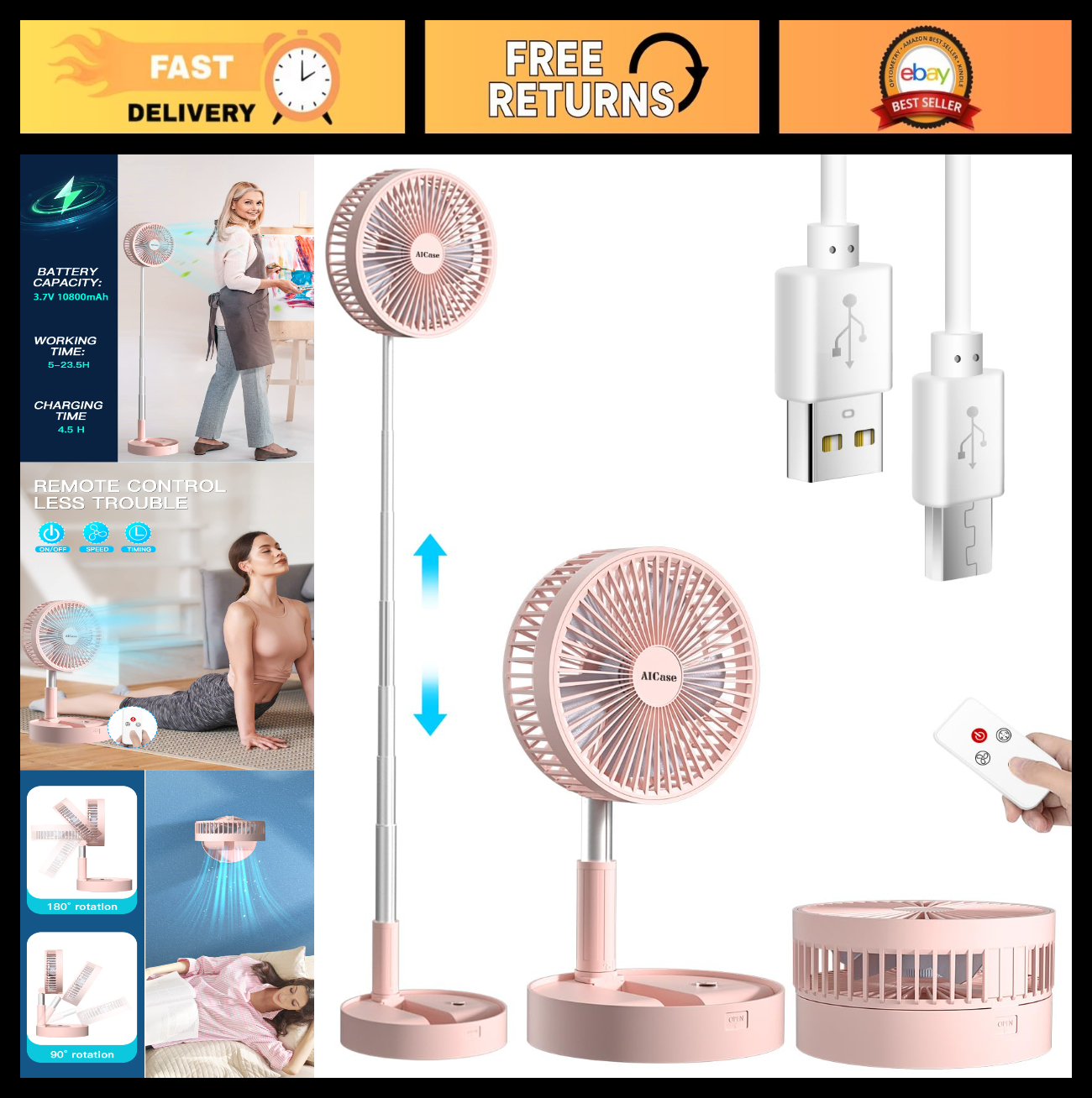 Portable Folding Stand Fan, USB Desk Fan with 7200mAh Battery, 4 Speeds, Adjusta0