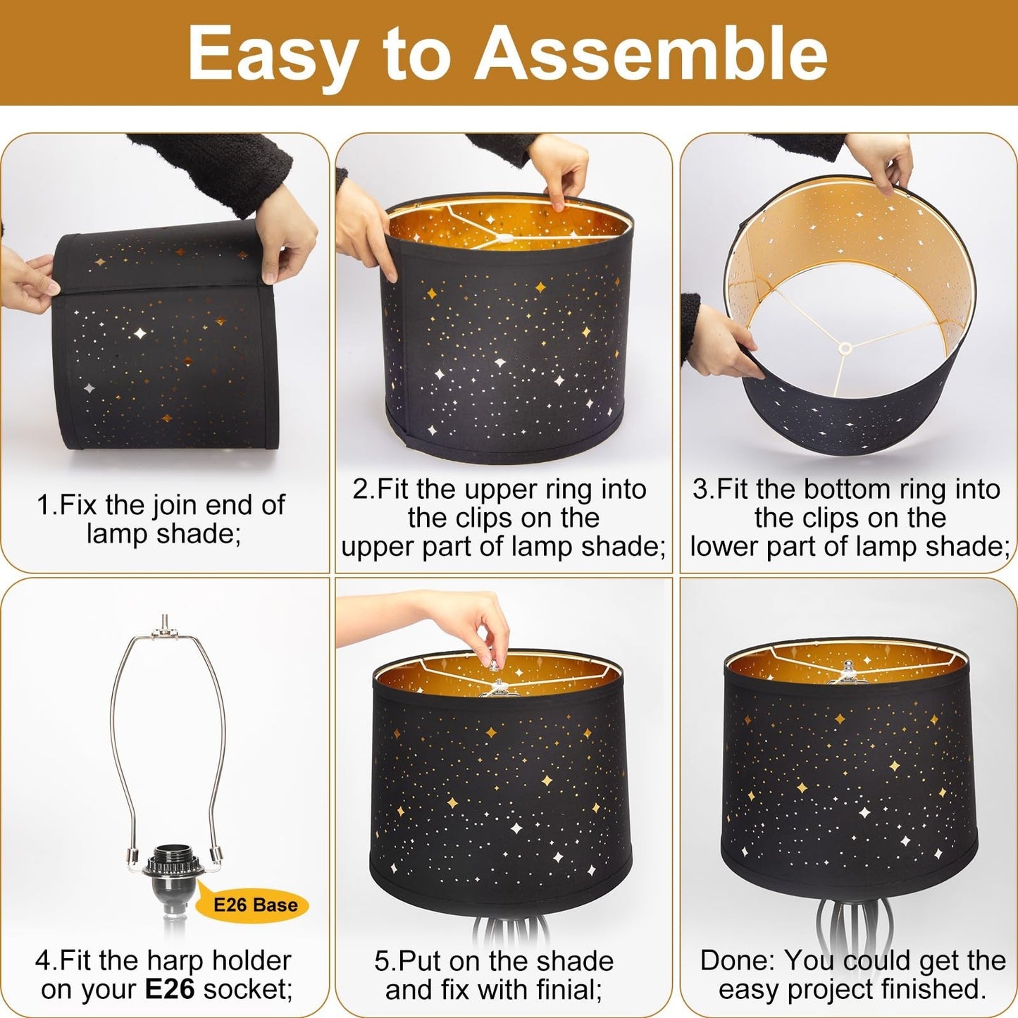 Set of 2 Black Drum Lampshades with Sky Stars Design | 11.6" x 12.6" x 9.8" | Fa4