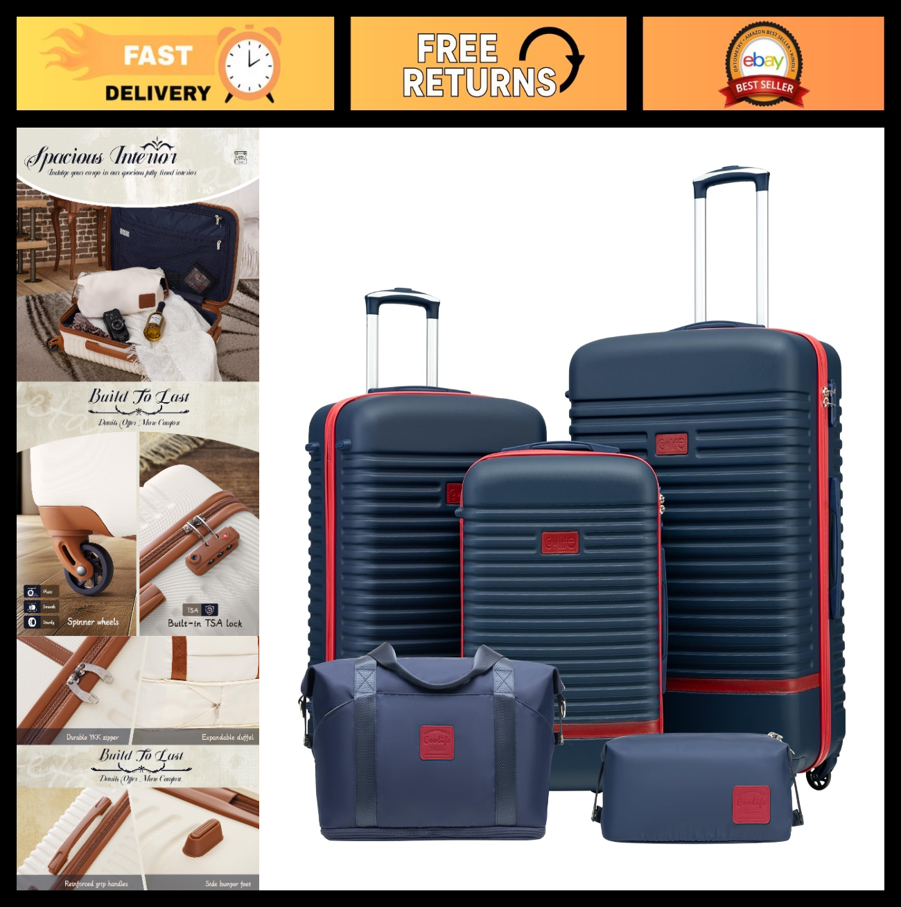 5-Piece Carry-On Luggage Set, Navy Red, 360° Spinner Wheels, Water-Resistant, Li0