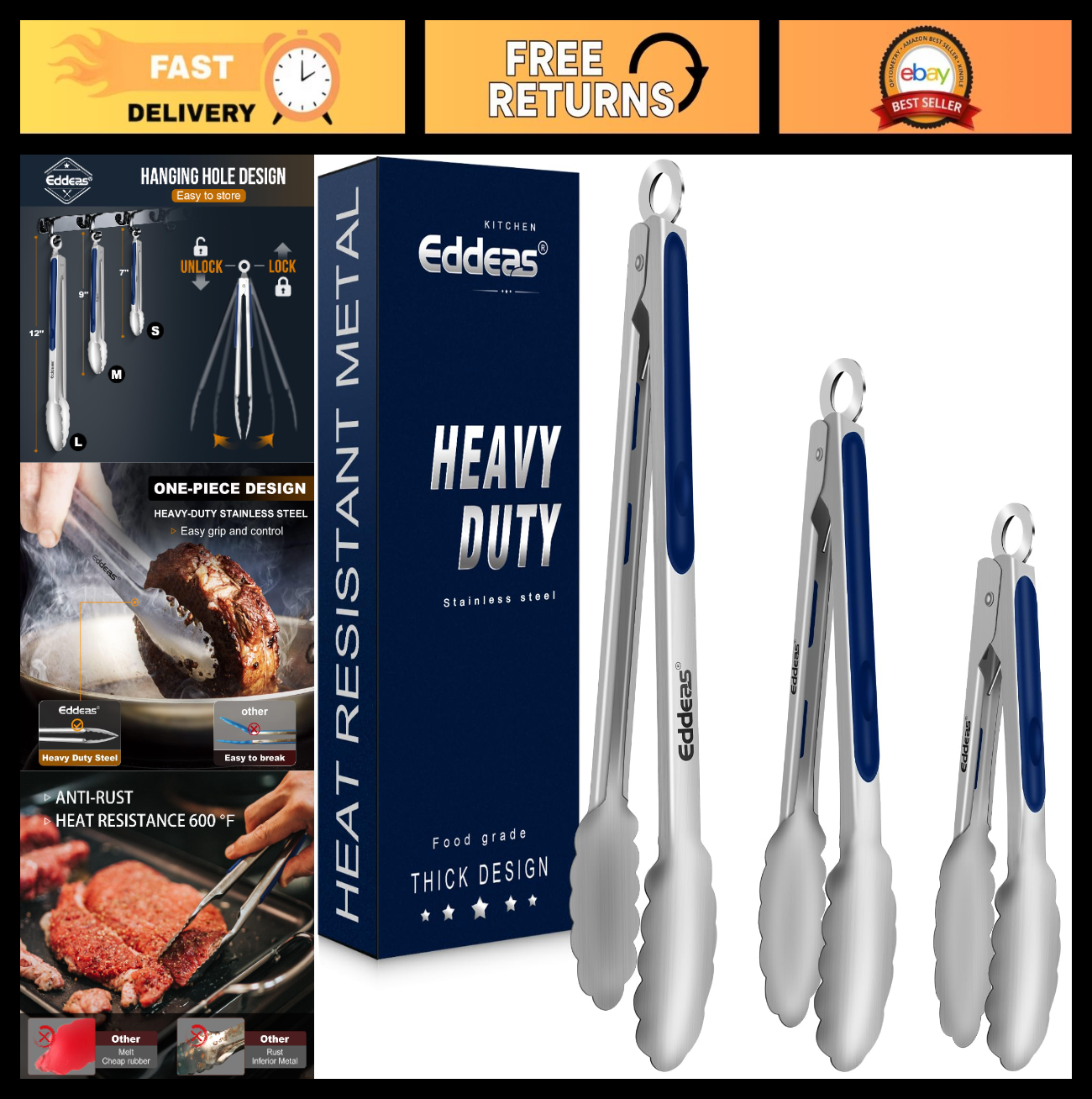 Heat Resistant Stainless Steel Cooking Tongs Set   7", 9", 12" Heavy Duty BBQ &0