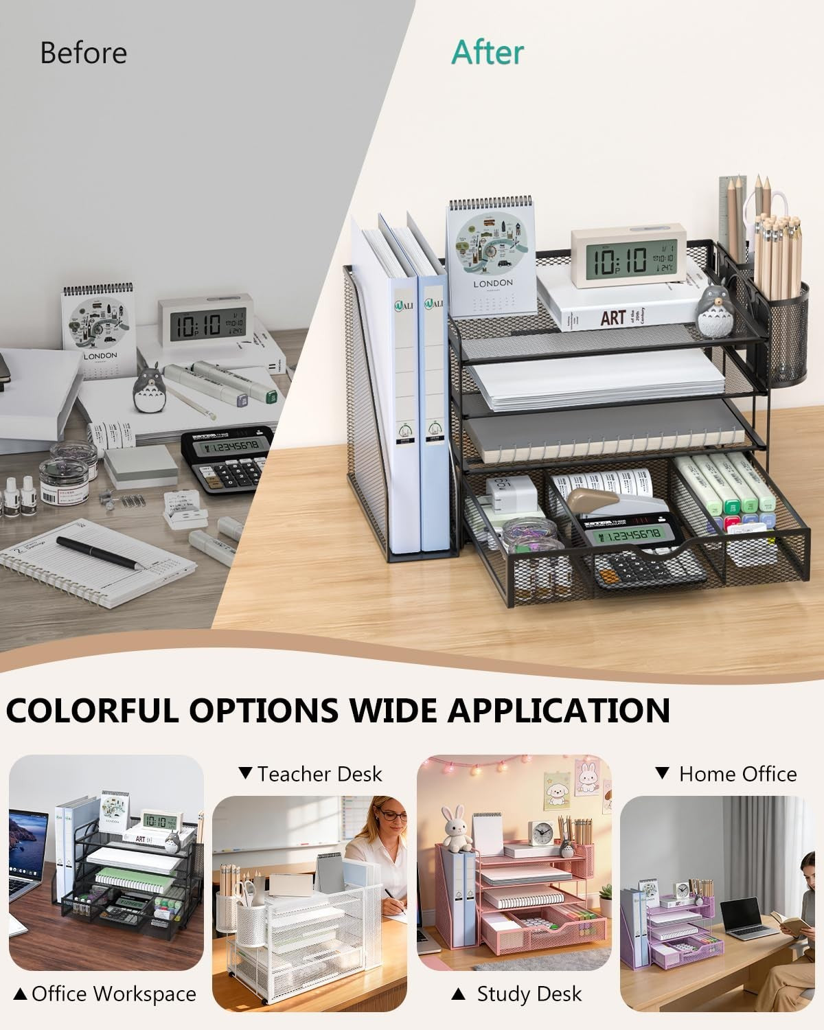 4 Tier Desktop File Organizer with Drawer & Pen Holders   Office Desk Accessorie6