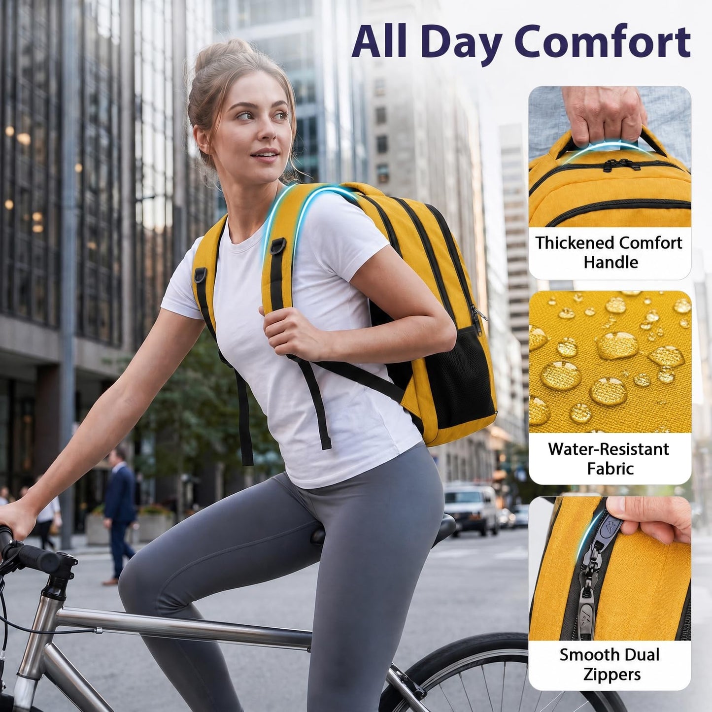 Water Resistant Yellow Backpack for Women, 17" Travel Carry On Bag, Stylish & Du6