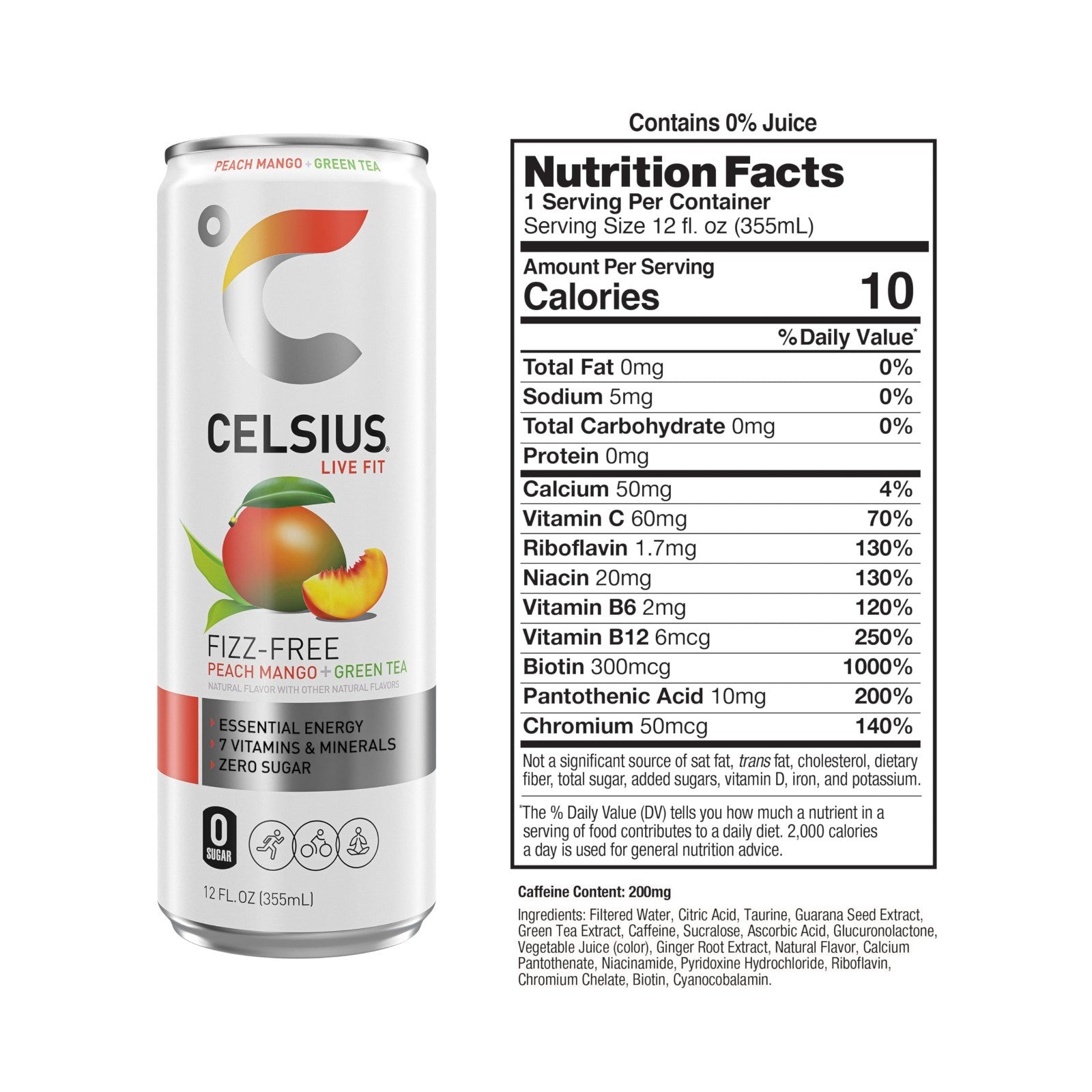 Sugar Free Peach Mango Green Tea Energy Drink, 12 Fl Oz, Pack of 12 Cans2