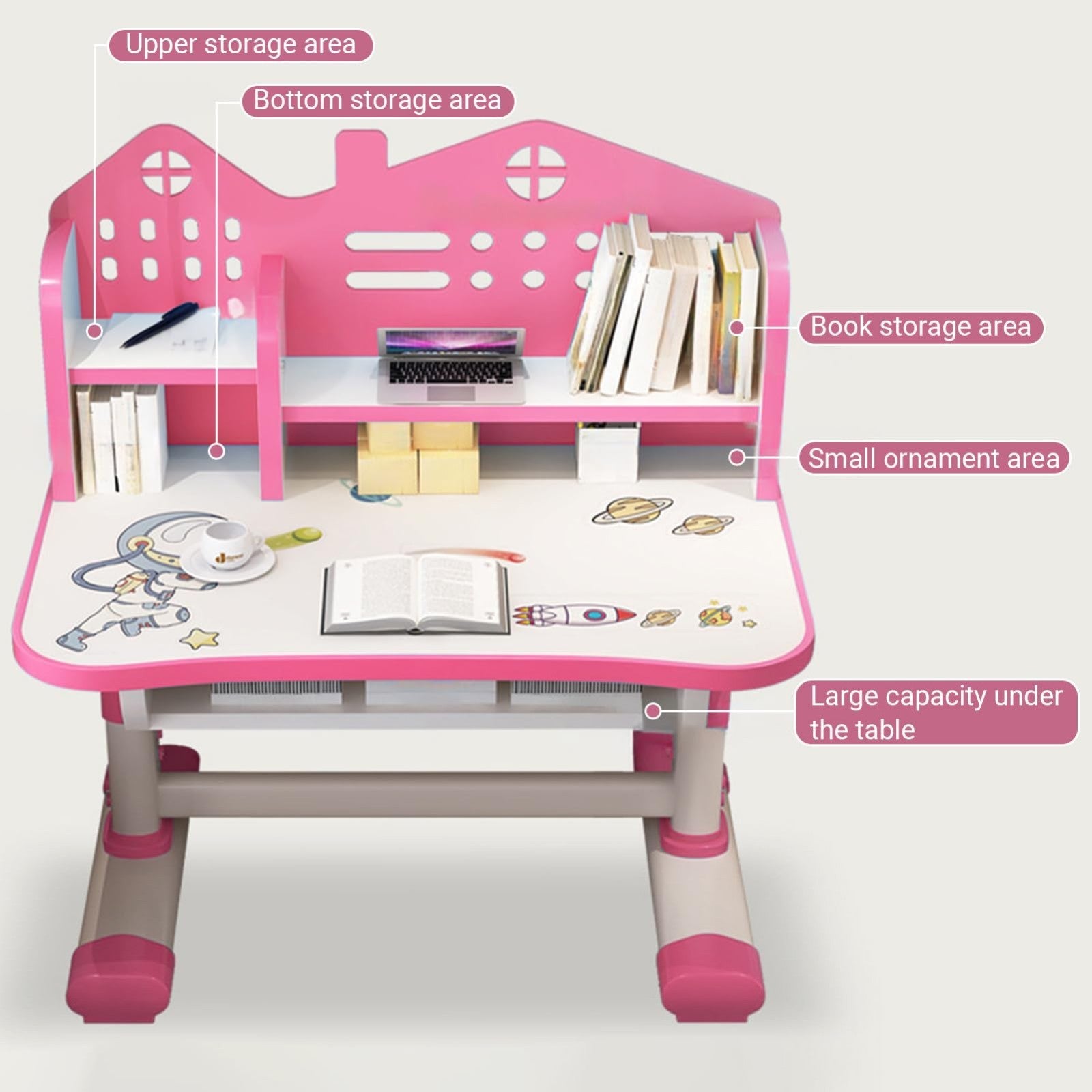 Adjustable Kids Study Table & Chair Set, Cute Cartoon Pattern, Widened Desktop,4
