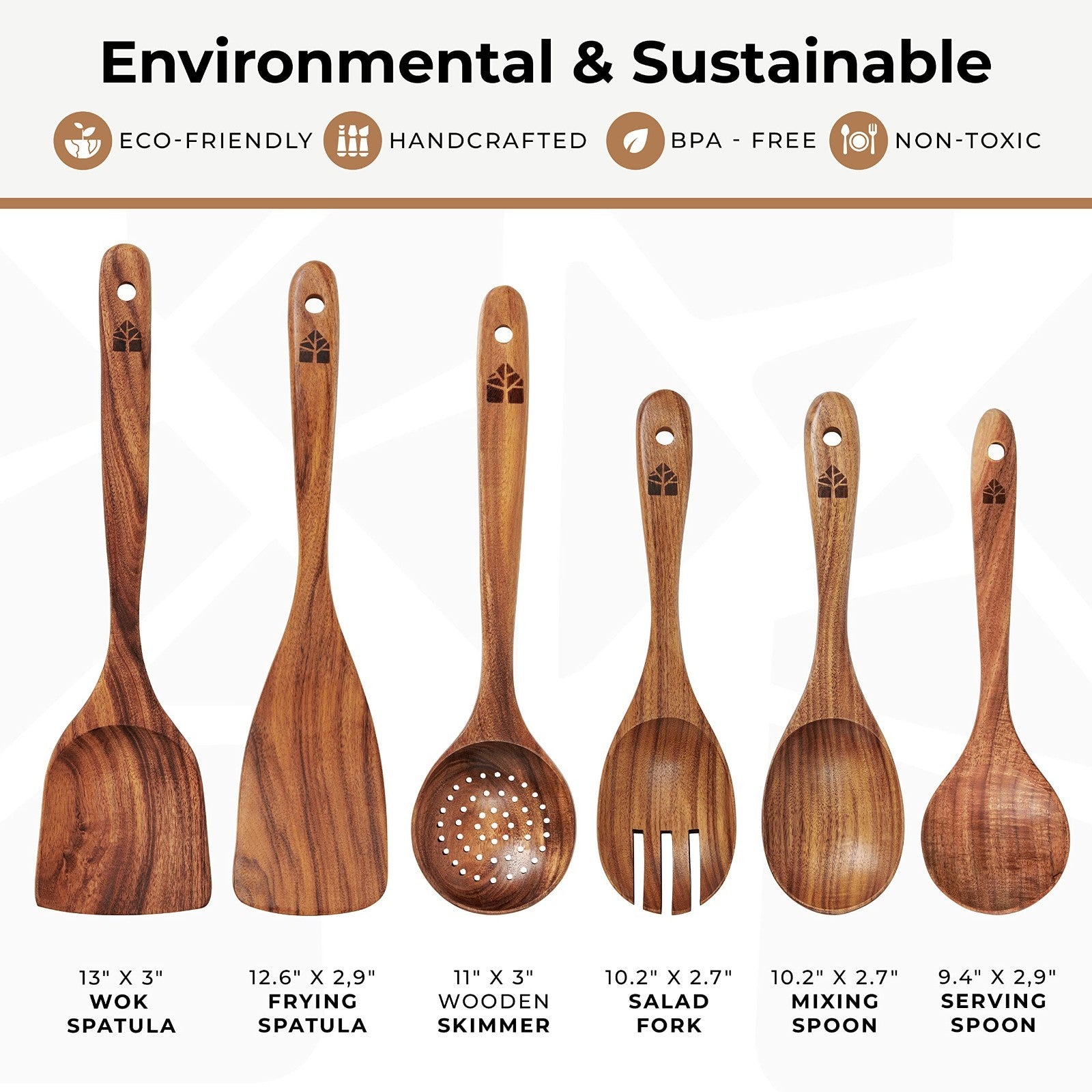 Wooden Cooking Spoons Set   Teak Utensils, Comfortable Grip, Non Stick, Food Saf3