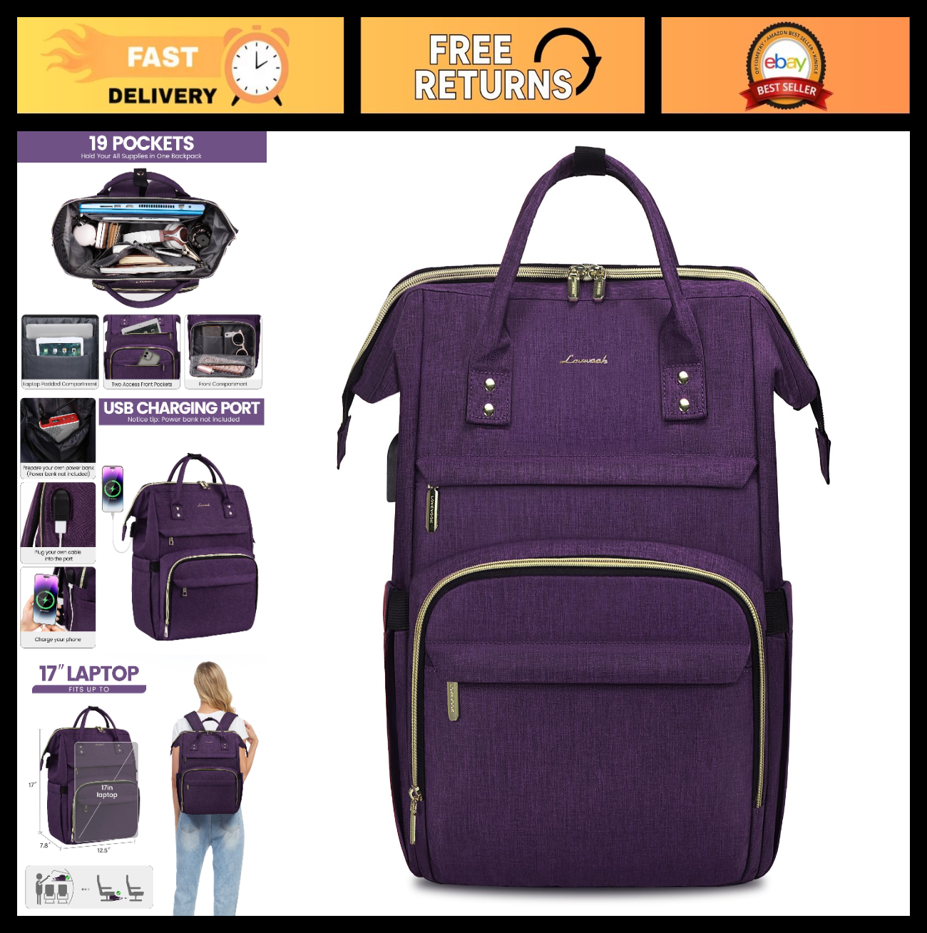 Stylish 17" Laptop Backpack for Women   Waterproof Travel Bag with USB Port, Ide0