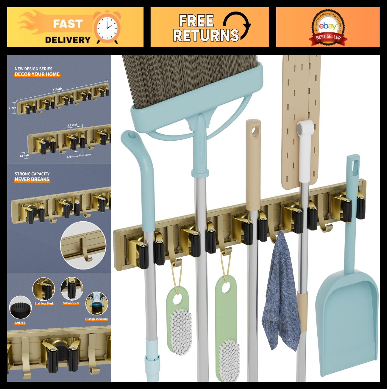 Wall Mount Broom Holder & Mop Hanger Organizer - 5 Racks & 4 Hooks Storage Solut0