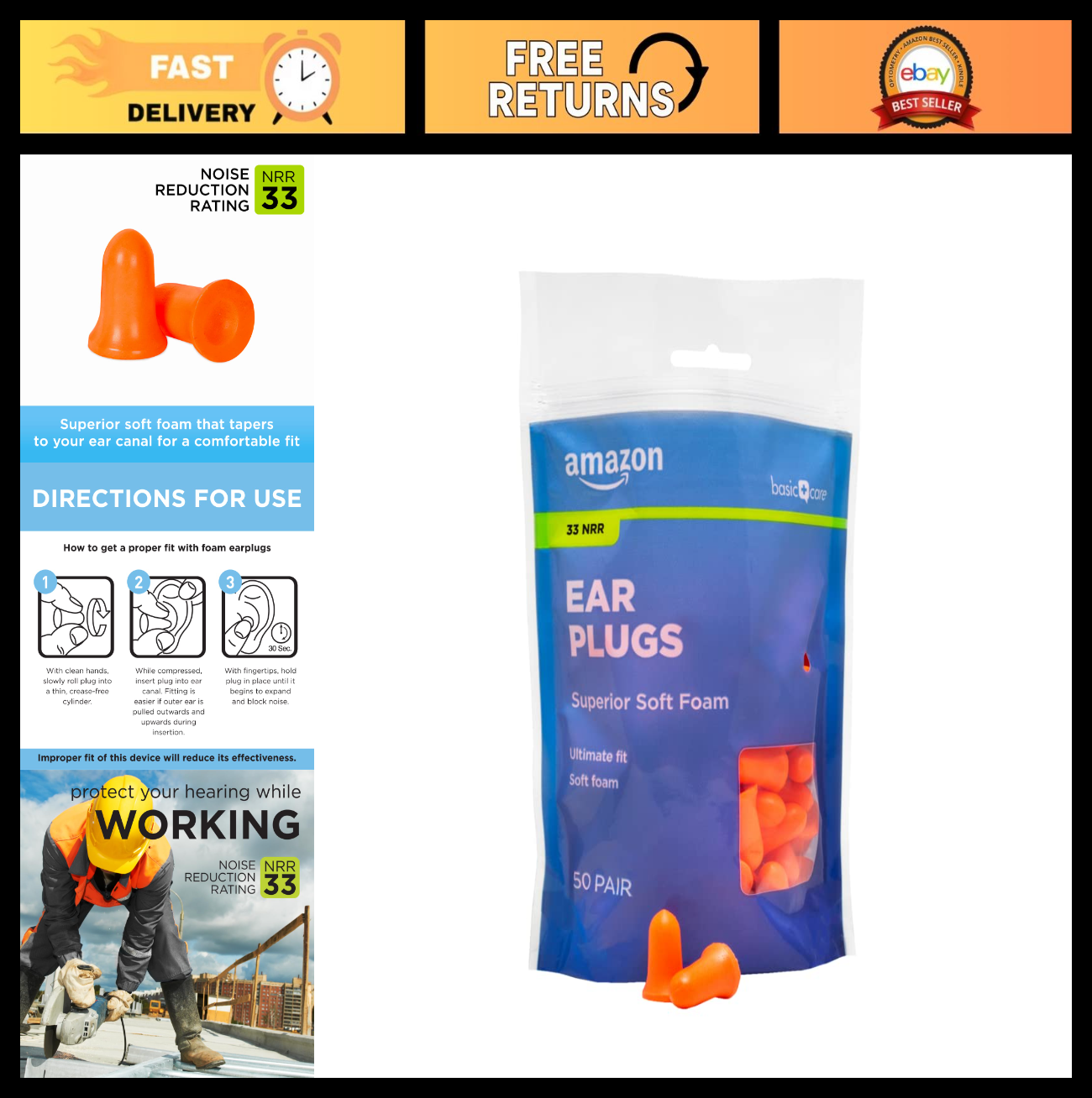 Soft Foam Noise Cancelling Earplugs for Concerts, Hearing Protection, 100 Count0