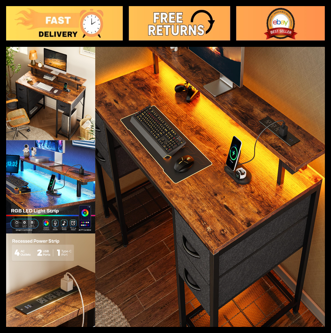 47-Inch Gaming Desk with LED Lights, Power Outlets & 4 Drawers - Rustic Home Off0