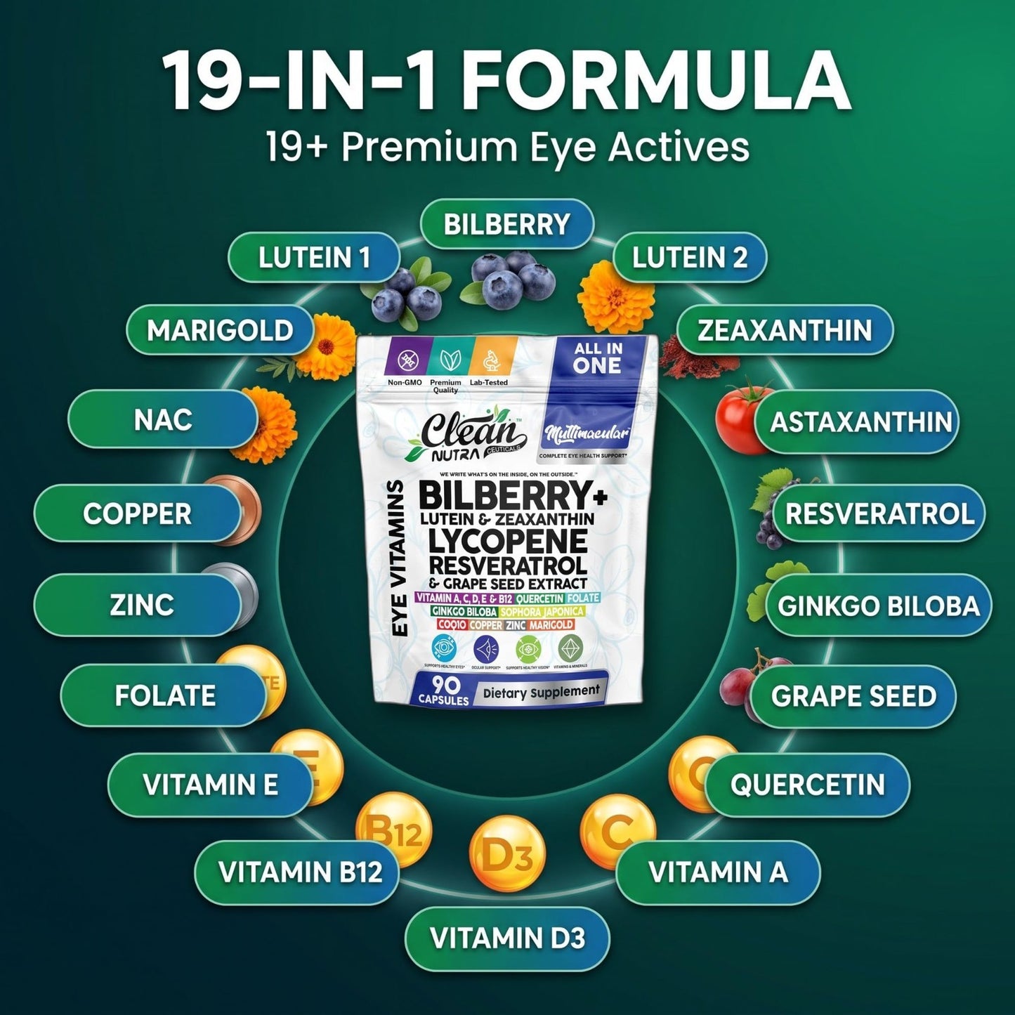 Multivitamin with Bilberry, Lutein, Zeaxanthin, Lycopene & Resveratrol - 90 Caps3