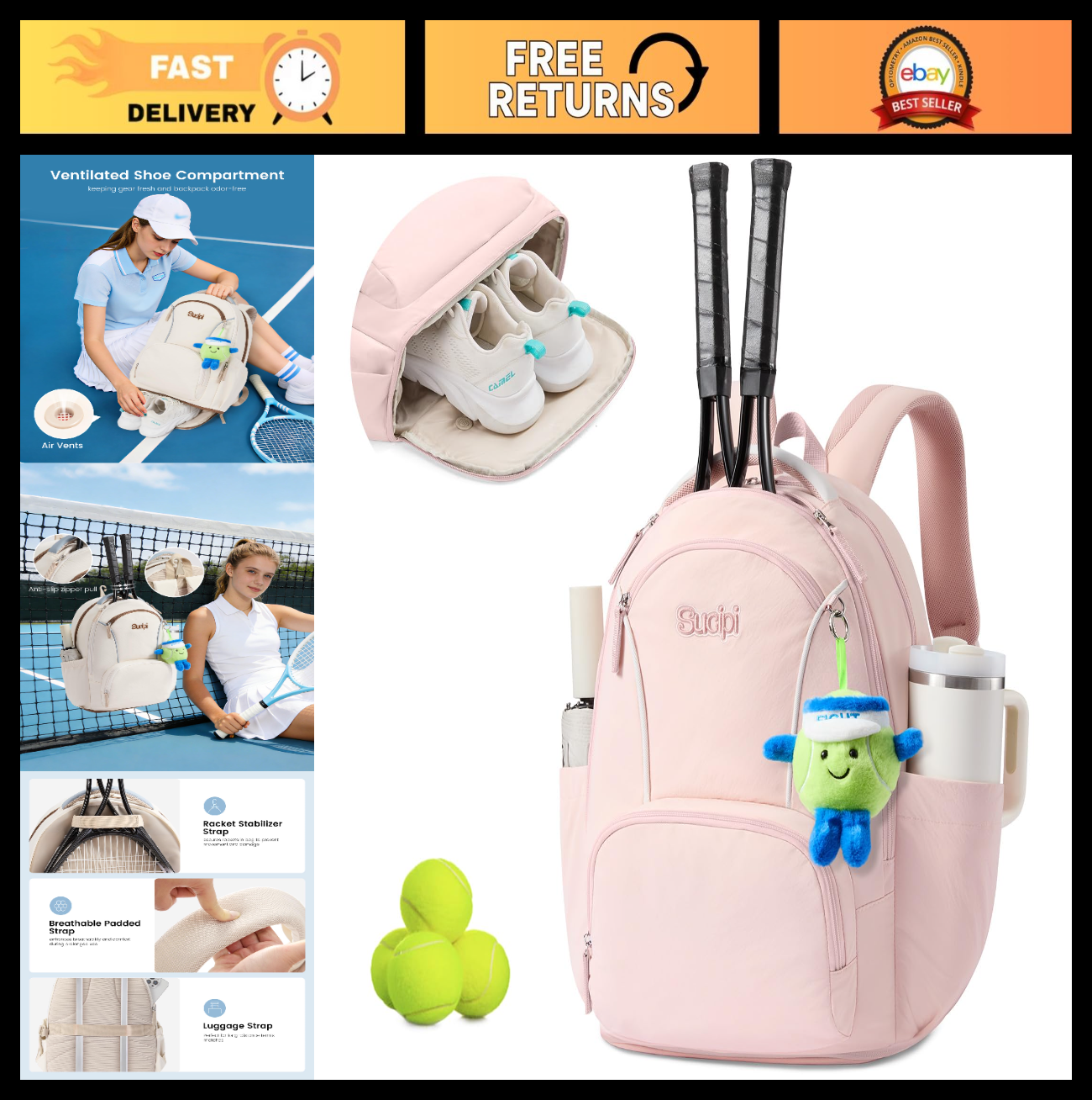 Tennis Backpack for Women, Holds 2 Rackets, Ventilated Shoe Compartment, Cup Hol0