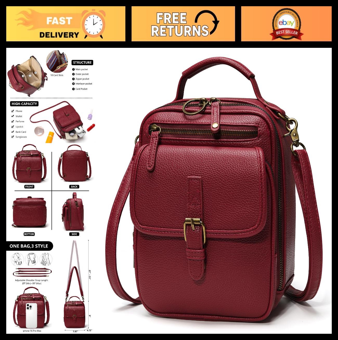 Vegan Leather Crossbody Bags for Women - Vintage Anti-Theft Messenger Purses wit0
