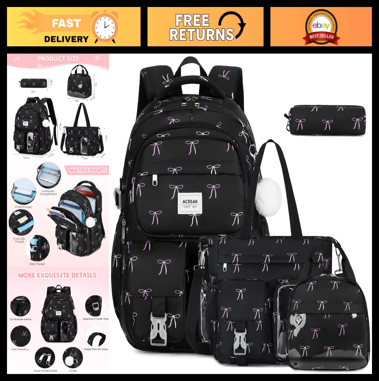 Stylish Girls Backpack Set with Tote, Crossbody Bag, Lunch Bag & Pencil Pouch  0