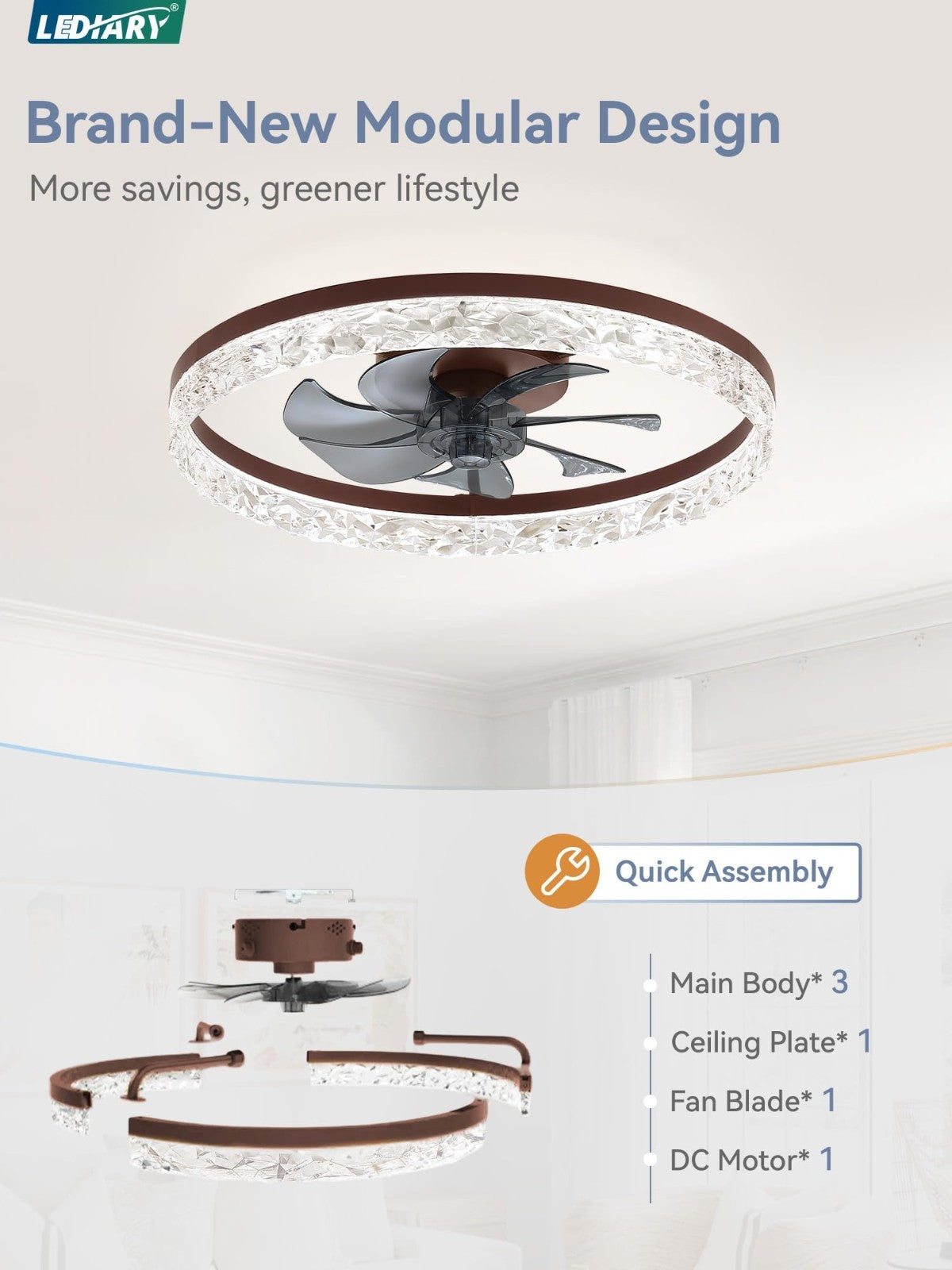 20" Modern LED Ceiling Fan with Lights, Remote, Dimmable, 6 Speeds, Flush Mount2