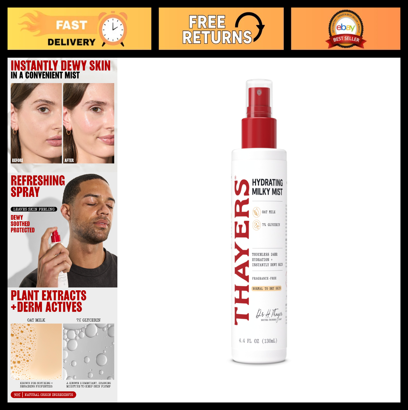 Hydrating Facial Spray with Oat Milk & Glycerin, Skin Barrier Repair Toner, 4.40