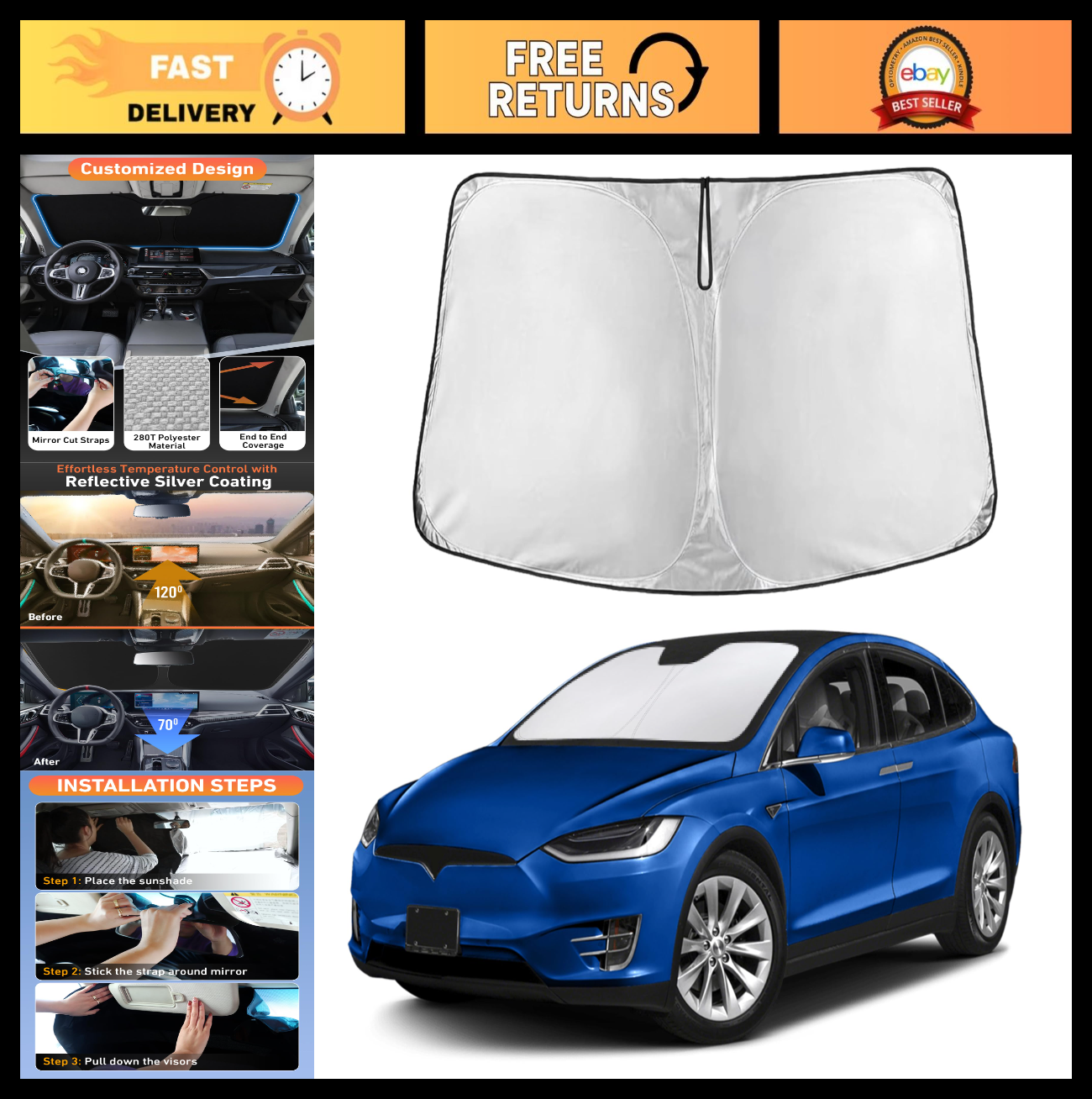 Windshield Sunshade for Tesla Model X 2016 2025, UV Heat Blocker & Sun Visor Cov0